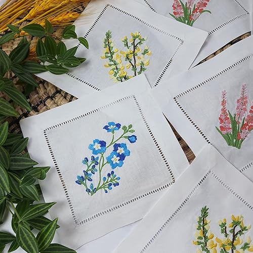 Miniatura 9 de Servilletas de cóctel bordadas blancas de 6 x 6 pulgadas, juego de 6 posavasos de tela, servilletas de cóctel bordadas de mariposa para servilletas