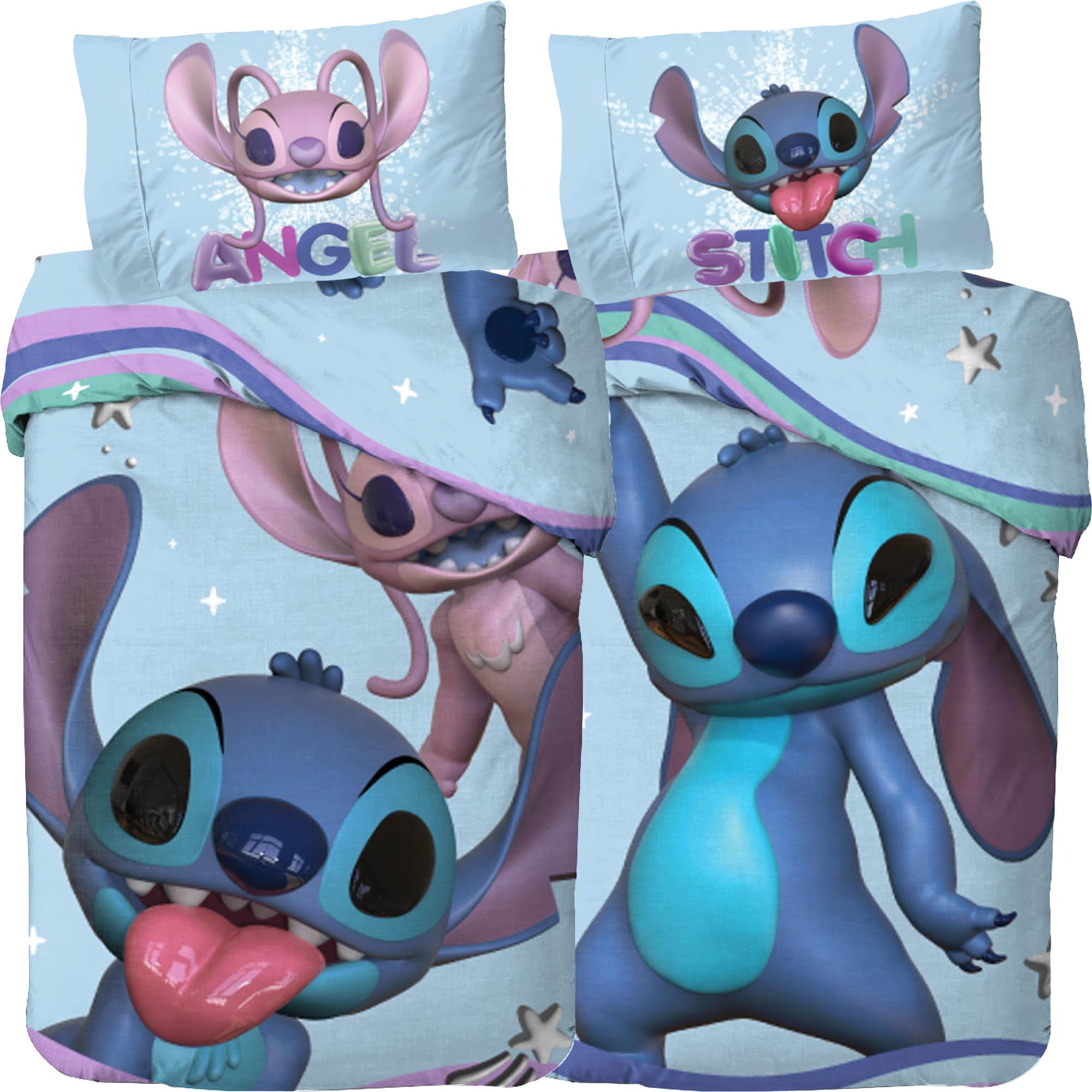Lilo und Stitch Disney Kinder-Bettwäsche Set Angel Hearts - 135 x 200 cm + 80 x 80 cm - 100% Baumwolle Renforcé Linon-Qualität Wendebettwäsche Bettzeug Bettbezug mit YKK Reißverschluss Deutsche Größe