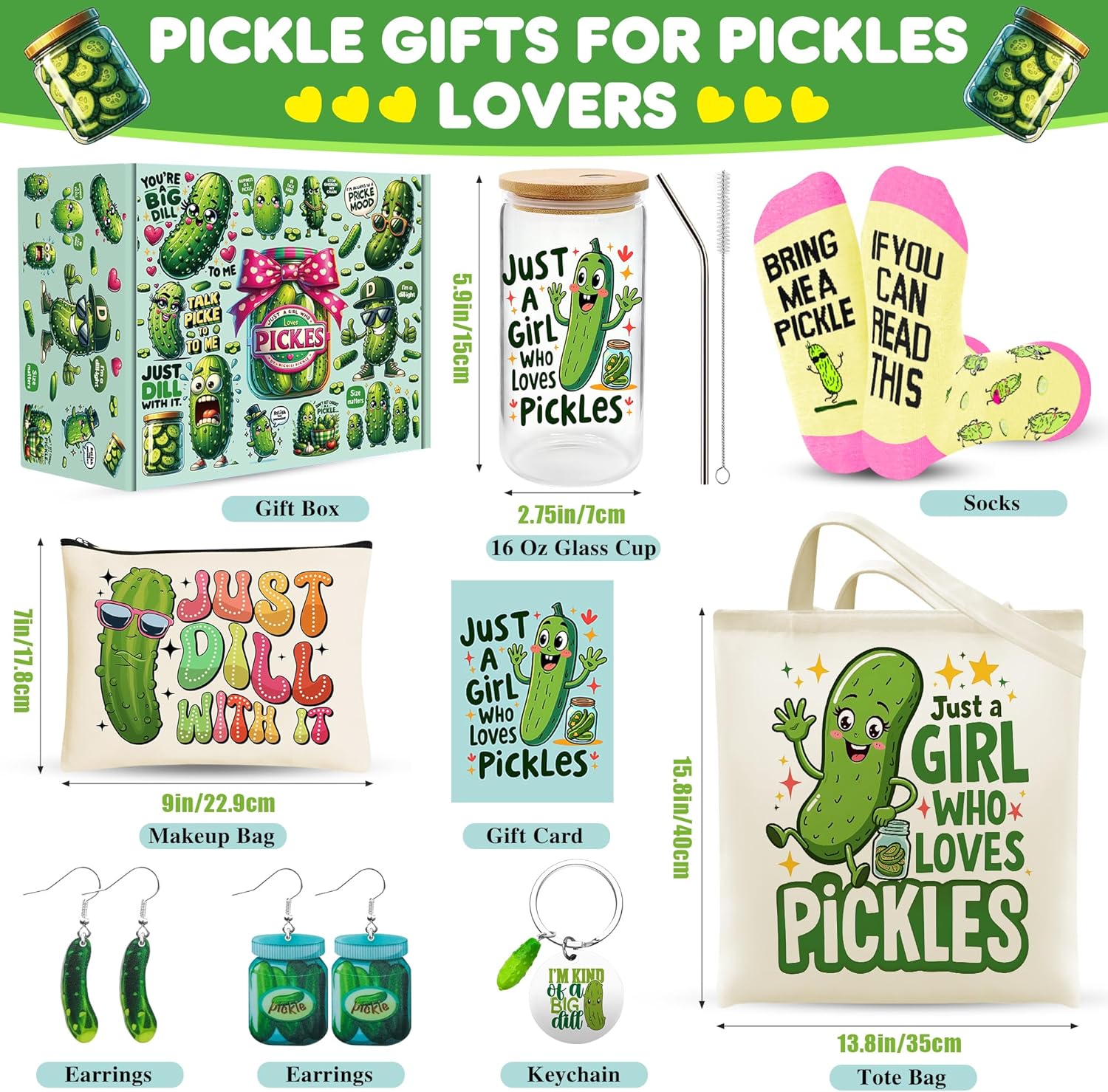 9 Pieces Pickle Gifts for Women, Funny Pickle Lovers Gifts for Women with 16 Oz Glass Cup, Tote Bag, Makeup Bag, Socks, Earrings, Keychain for Birthday Christmas Mothers Day