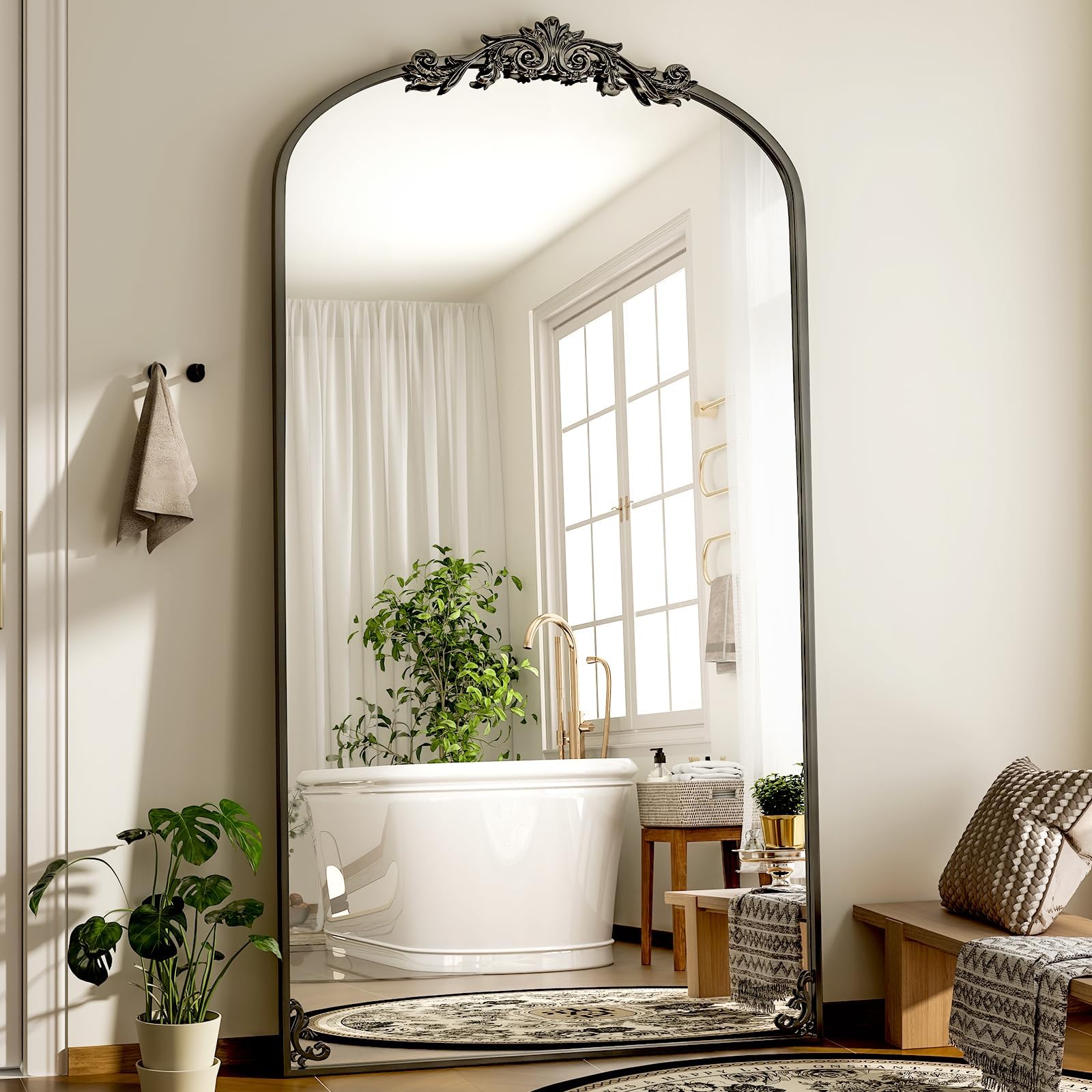 GLSLAND Vintage Mirror - 72"x 44" Full Length Mirror Large Carved Arched with Metal Frame Baroque Full Body Mirrors for Bathroom/Living Room/Entryway,Black