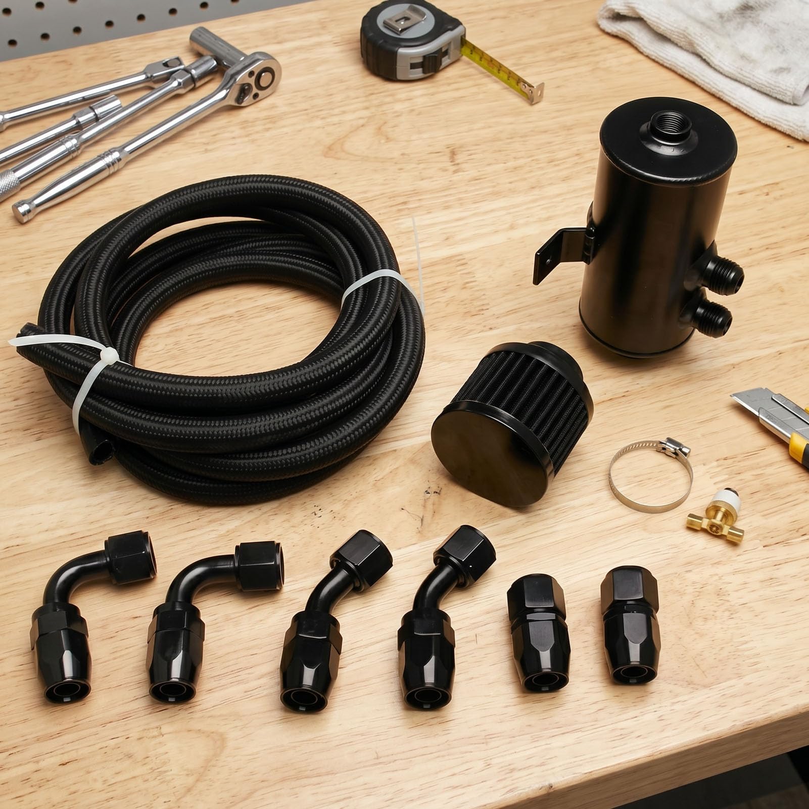 aqxreight Kit Serbatoio Recupero Olio con Serbatoio Sfiato e Carburante AN10, 750 Ml Alluminio Nero con Valvola di Scarico Inferiore, for Modifica Vano Motore Auto (BLACK)