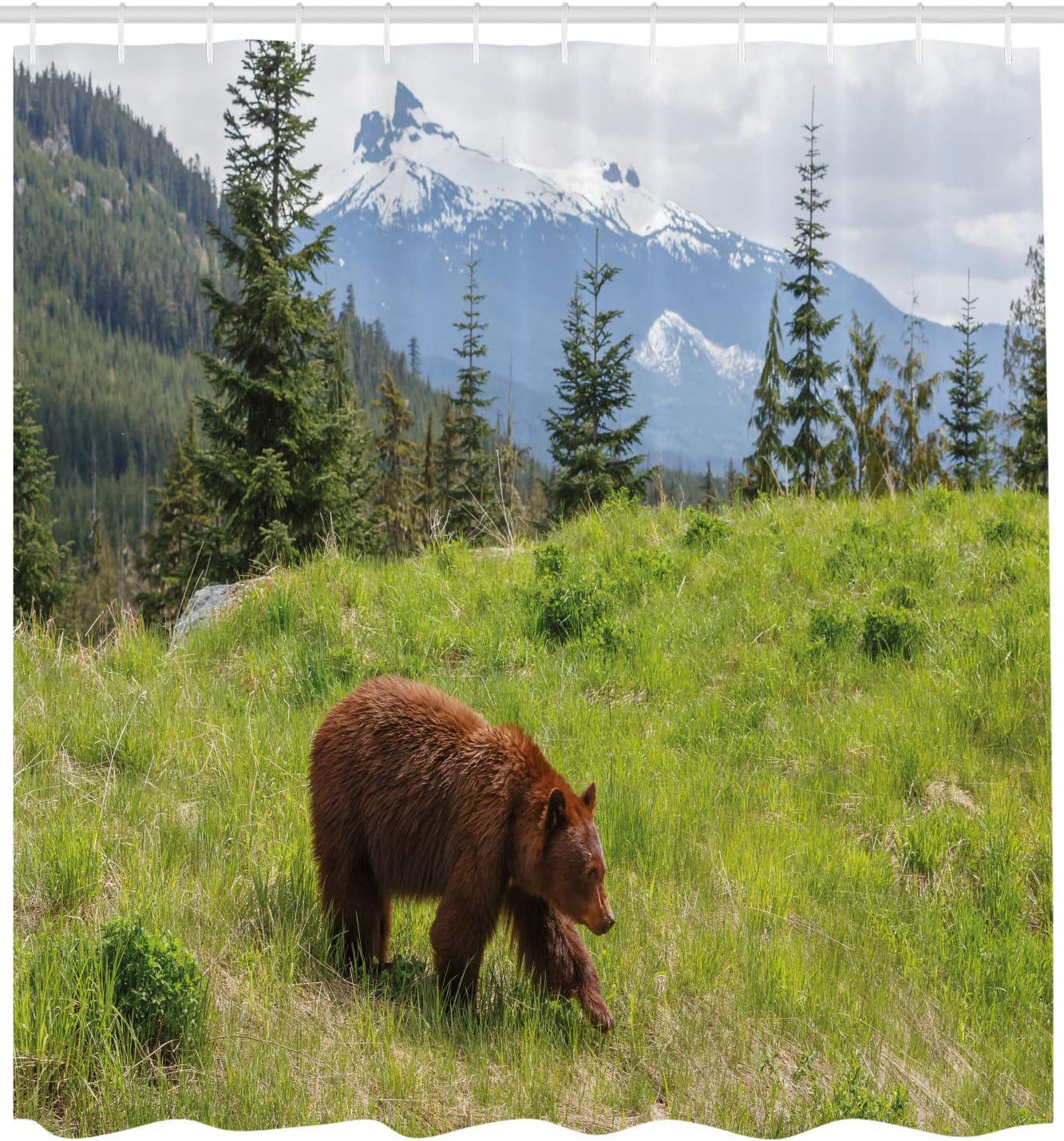 Ambesonne Bear Shower Curtain, Wildlife up in The Mountains Theme Furry Animal Carnivore Yellowstone Nature Habitat, Fabric Bathroom Decor Set with Hooks, 69" W x 70" L, Green Brown