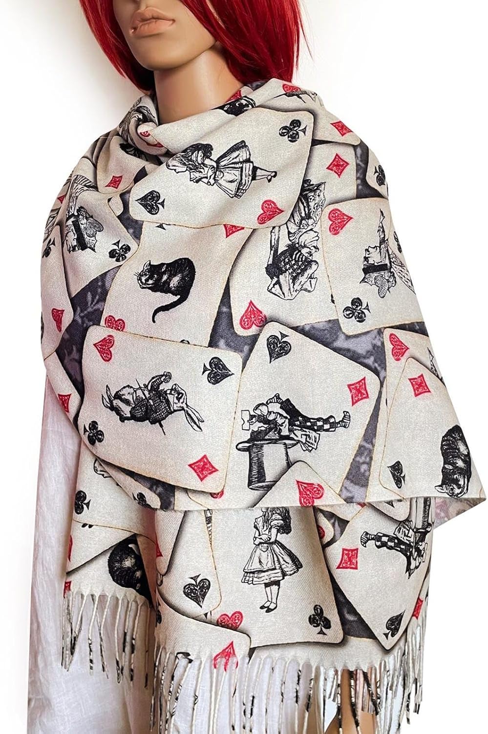 Rodaruus Alice in Wonderland Playing Card Scarf, Literary Gift for Book Lovers, Cozy Wrap Featuring Alice, Mad Hatter, White Rabbit, Cheshire Cat - Image 2