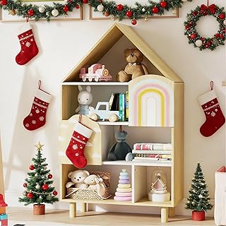 Costzon Kids Dollhouse Bookshelf, w/ 2 Doors, Wooden Toy Storage Organizer w/Anti-toppling Devices & Solid Wood Legs, House-Shaped Kids Bookshelf for Kids Room, Playroom, Nursery, Bedroom