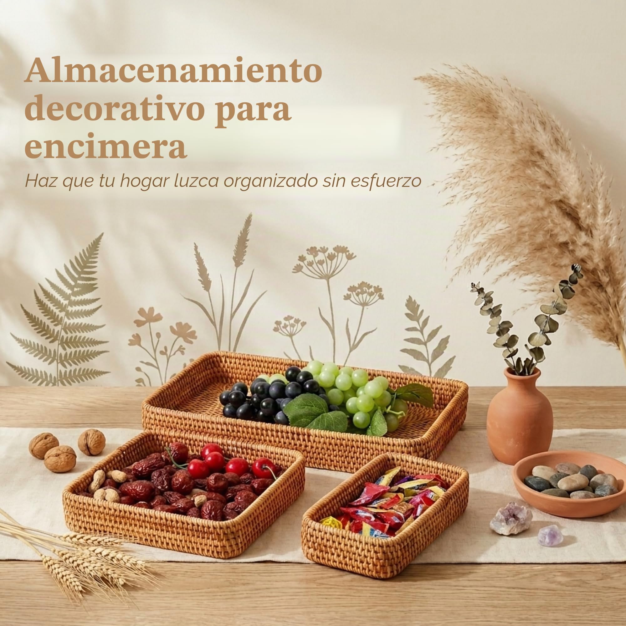 Bandeja de ratán para servir, bandeja tejida rectangular, cestas decorativas de mimbre natural para organizar la mesa, baño, encimera de cocina (natural)