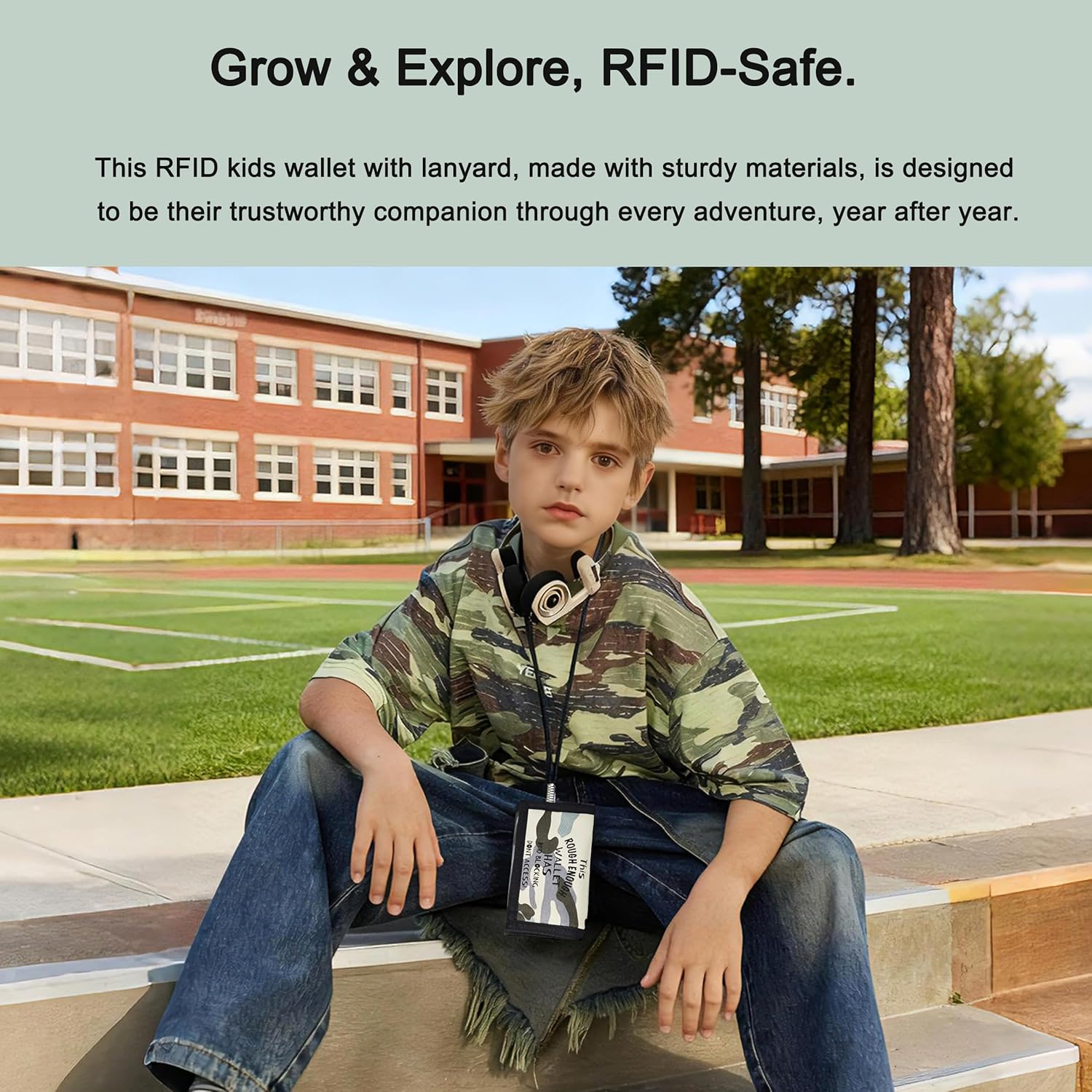 Rough Enough Kids Wallet for Boys Preppy Teens RFID Blocking with Black Lanyard Keychain Light Blue Camo Canvas - Image 6