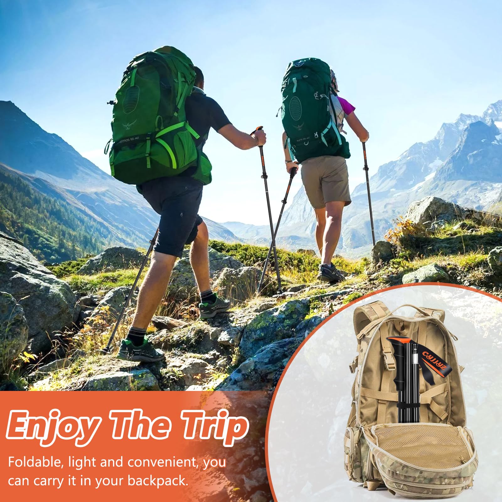2Pcs Bastoni Trekking Pieghevoli, Bastoncini Trekking in 7075 Alluminio, Bastoncini da Trekking, Bastoni da Trekking Nordic, Bastone da Trekking, 108-135 cm Regolabile, per Escursionismo