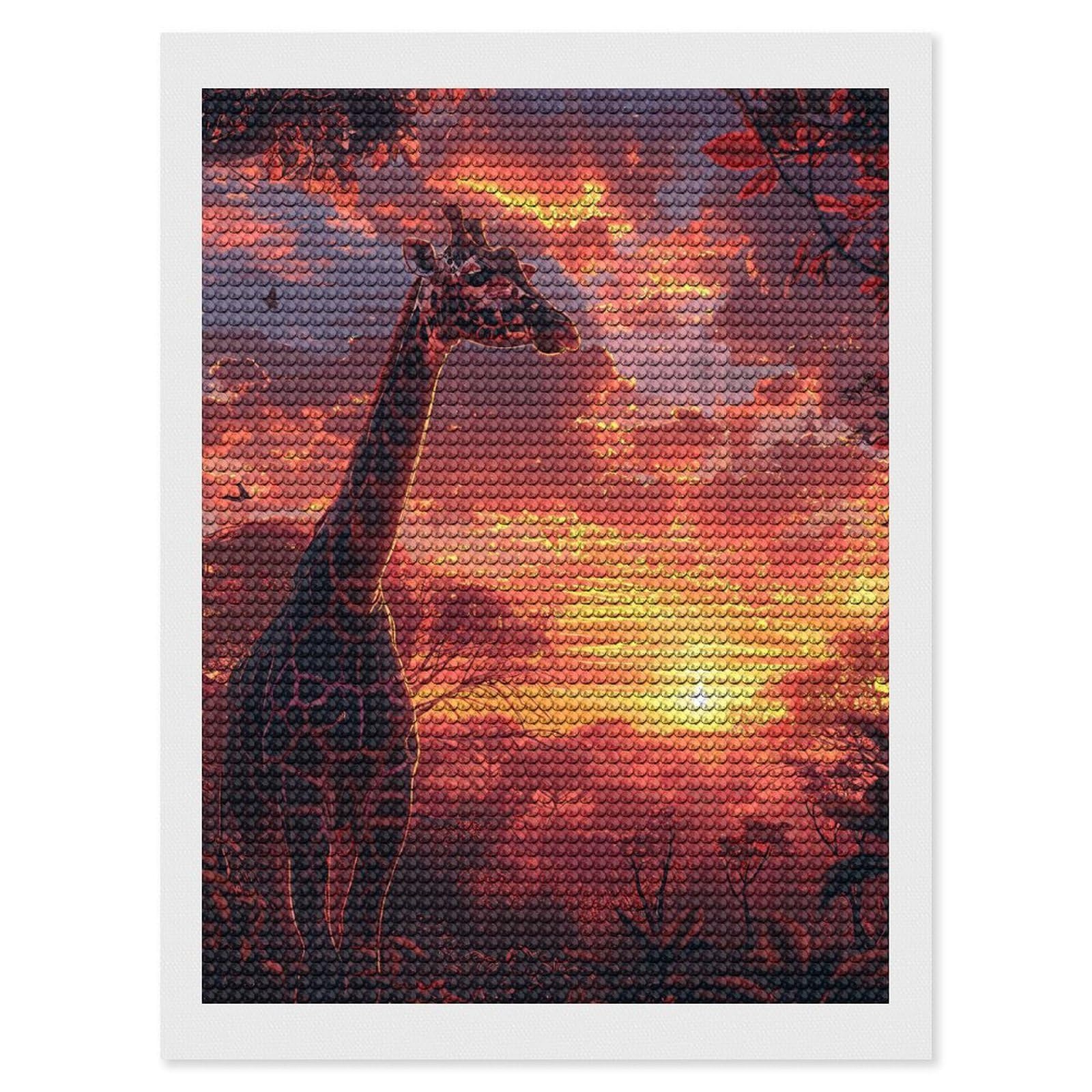 Junmoney Giraffe Savanna Sunset Crystal Diamond Art Kit 12"x16", Stress Relief Craft, Decorative Artwork, Vintage Style Decor, Birthday Gift