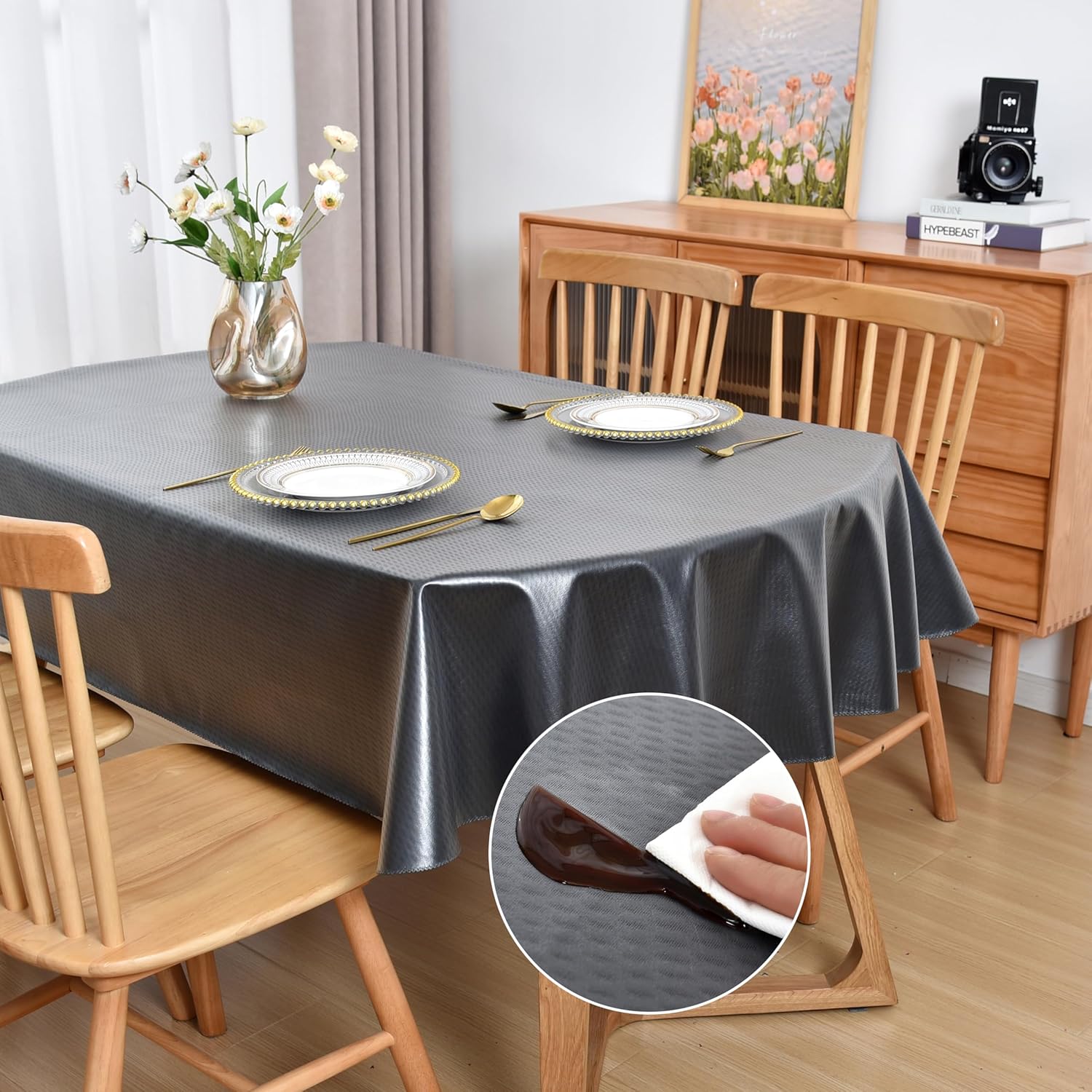 Amonsa Black Oval Tablecloth Waterproof 54 x 72 inch, TPU