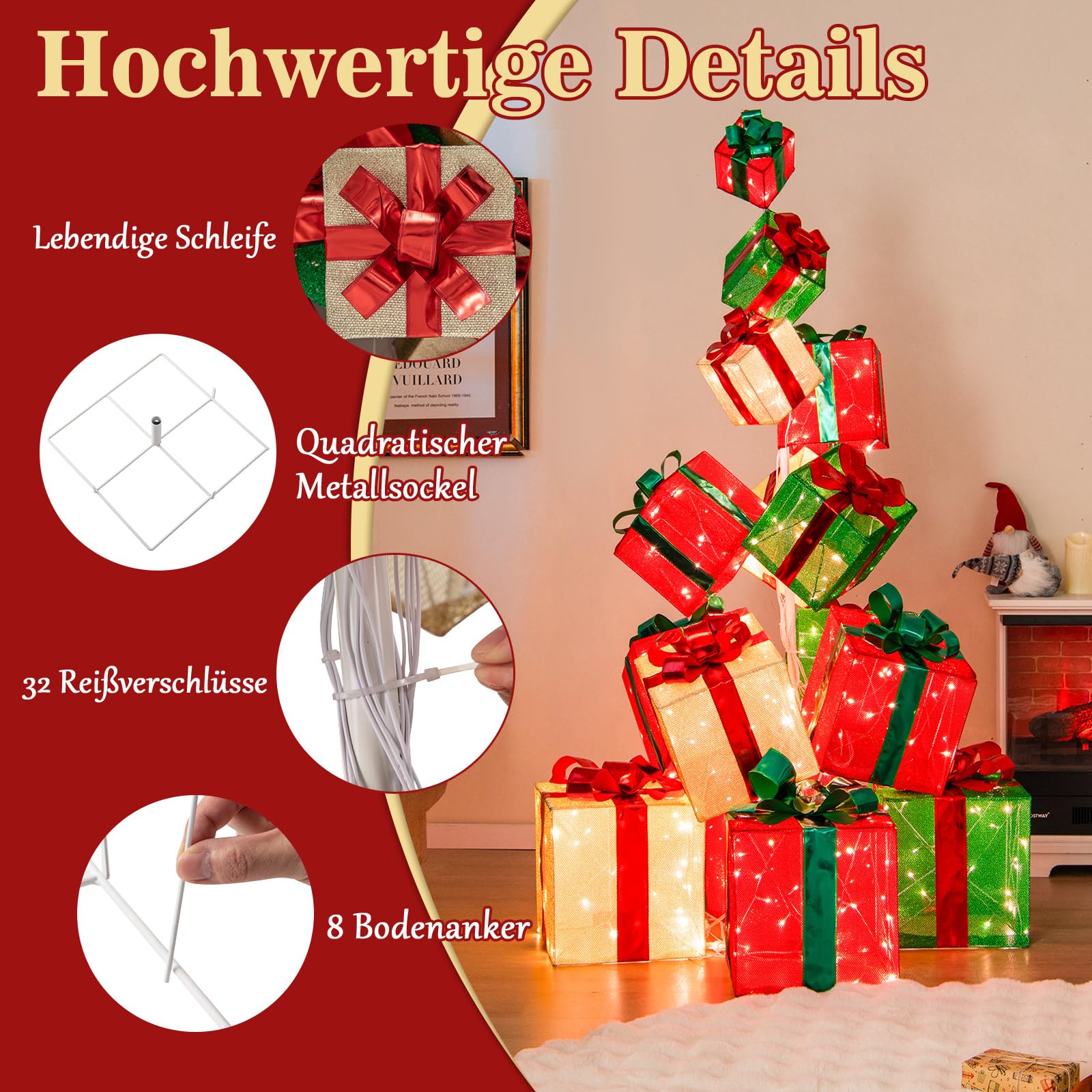 COSTWAY 170 cm große LED Geschenkboxen, 15 gestapelte Weihnacht Dekoboxen mit 450 warmweißen Lichtern, Metallsockel, beleuchtete Weihnachtenbox, Weihnachtsdeko für außen und innen