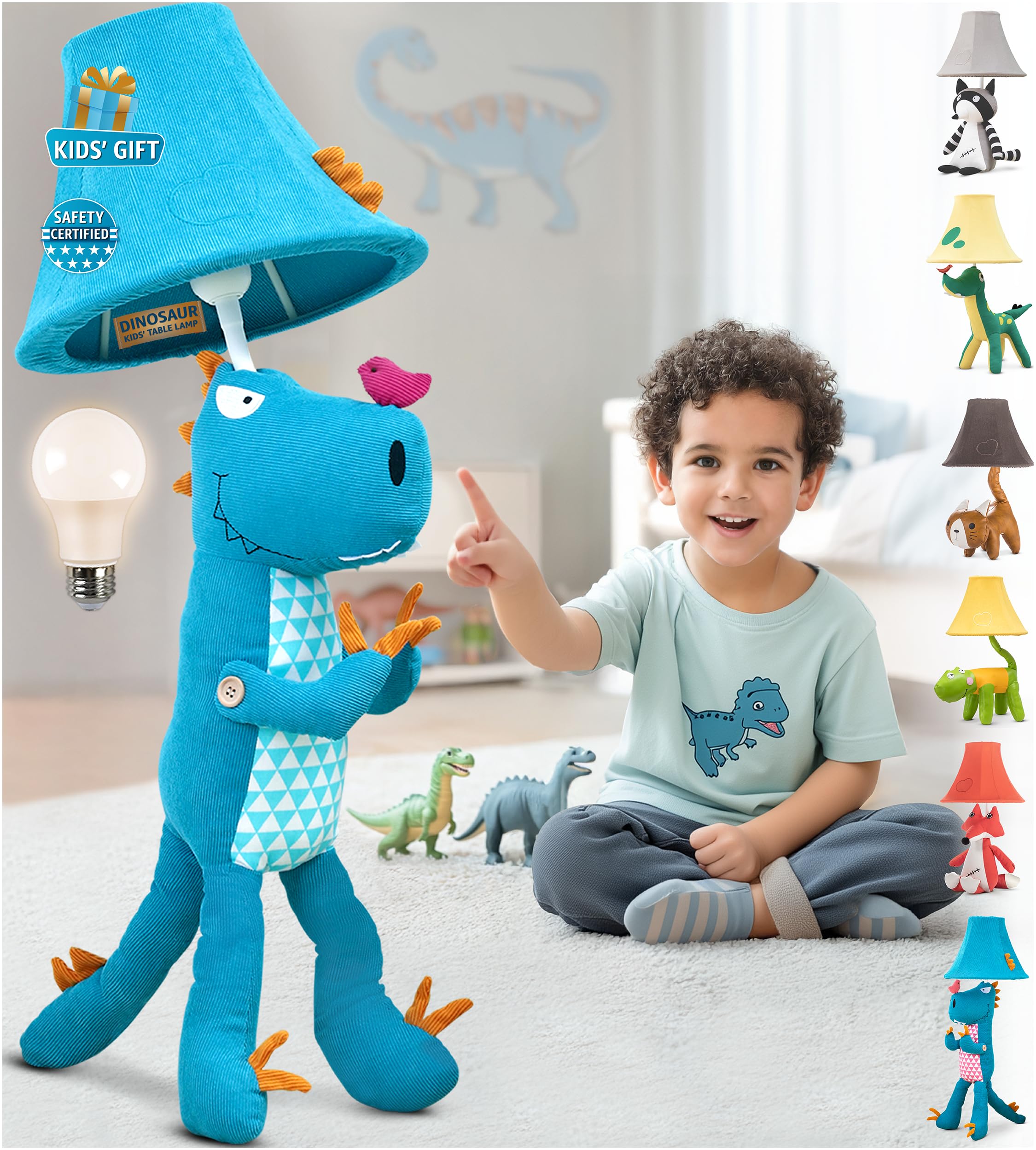 Lámparas de dinosaurio para niños, decoración de dormitorio, dinosaurio azul y verde