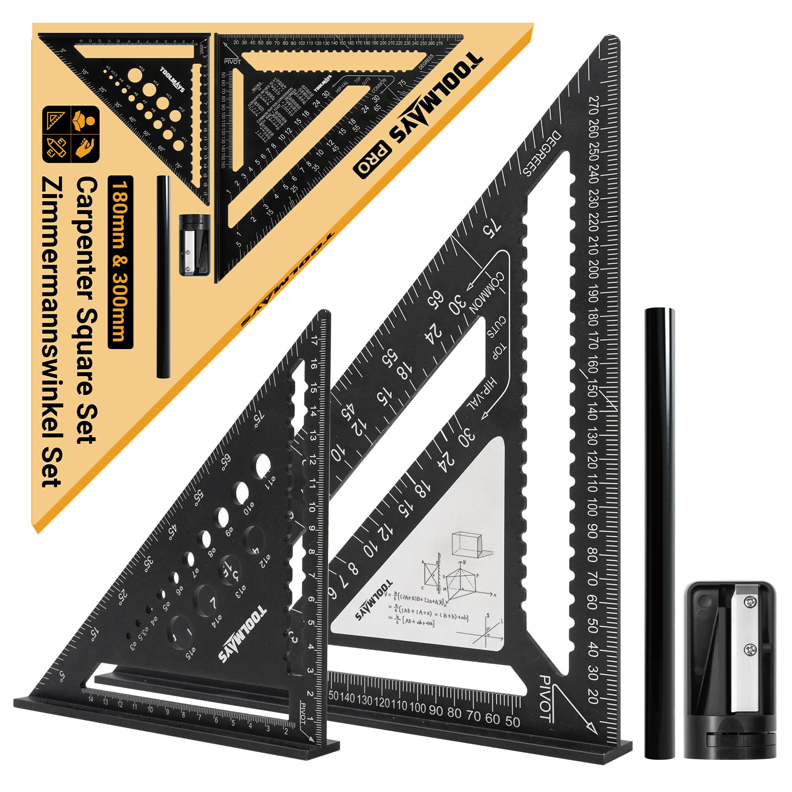 Zimmermannswinkel Set 300mm und 180mm, Präzises Winkelmesser mit abwischbare Notizzone, 45 und 90 Grad Aluminiumwinkel zum präzisen Zeichnen, Messen und Prüfen