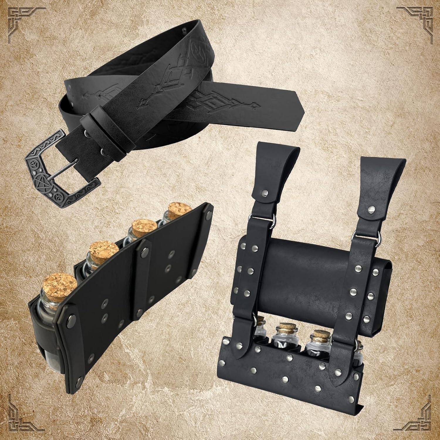 Medieval Alchemy Belt Waist Pack Combo with Multiple Potion Bottles, Viking Rivet Belt Side Pouch for Cosplay - Image 4