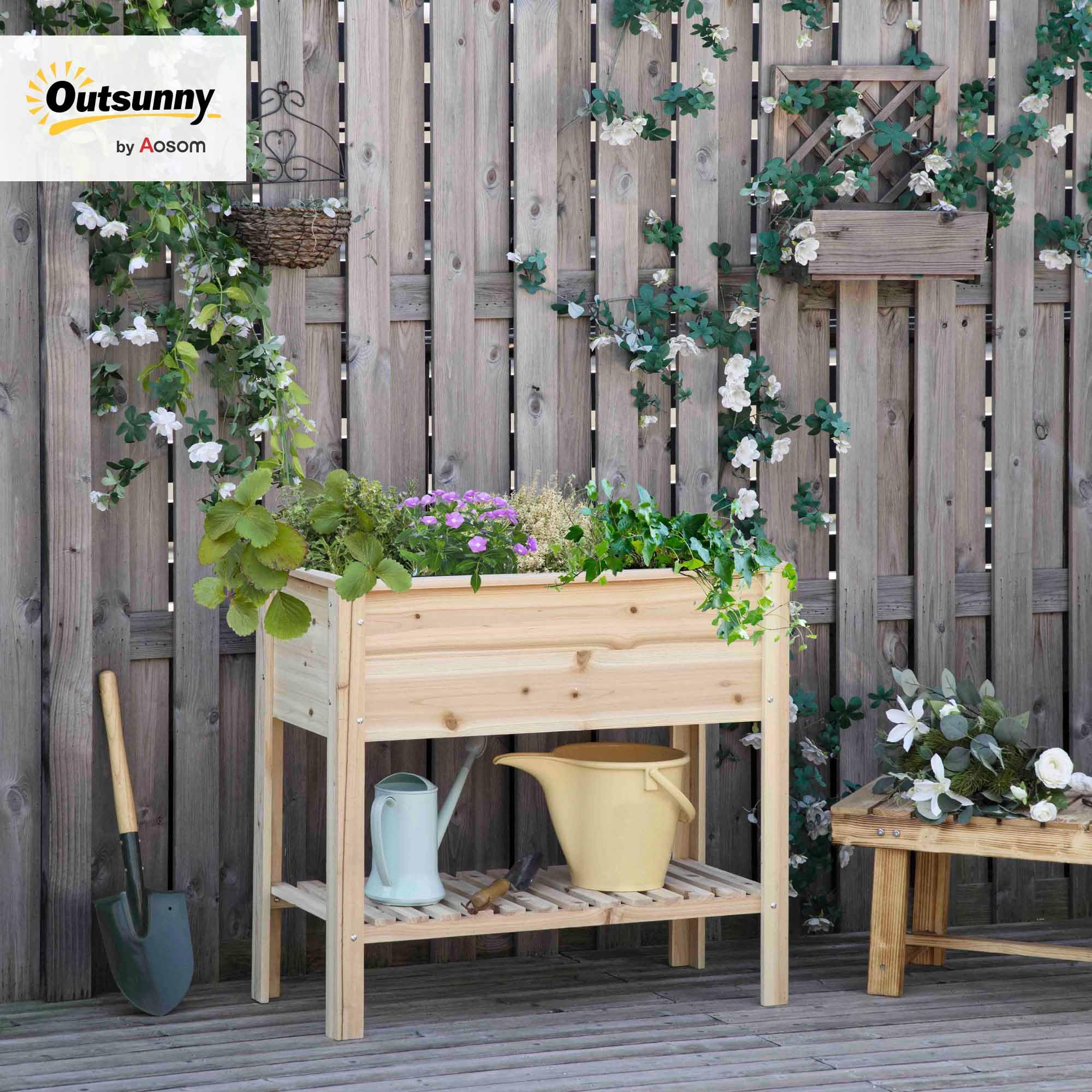 Outsunny Huerto Urbano Elevado con Estante Mesa Jardinera de Cultivo de Madera con Tela no Tejida para Cultivos Plantas Flores Jardín 90x40x81 cm Natural