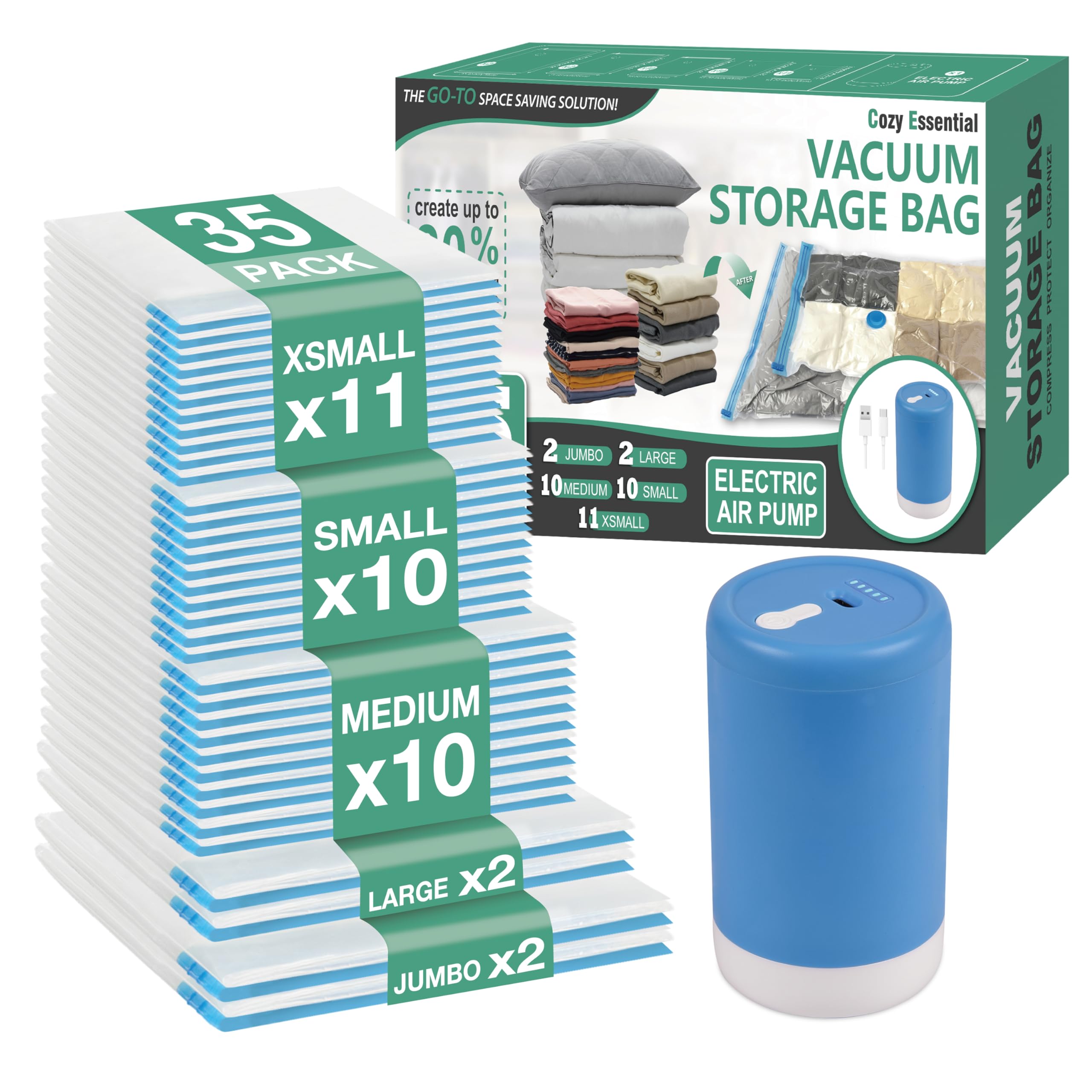 Cozy Essential Travel Vacuum Storage Bags with Rechargeable Cordless USB Pump, Space Saver Bags for Luggage, Suitcase, Carry-On, for Clothes, Blankets