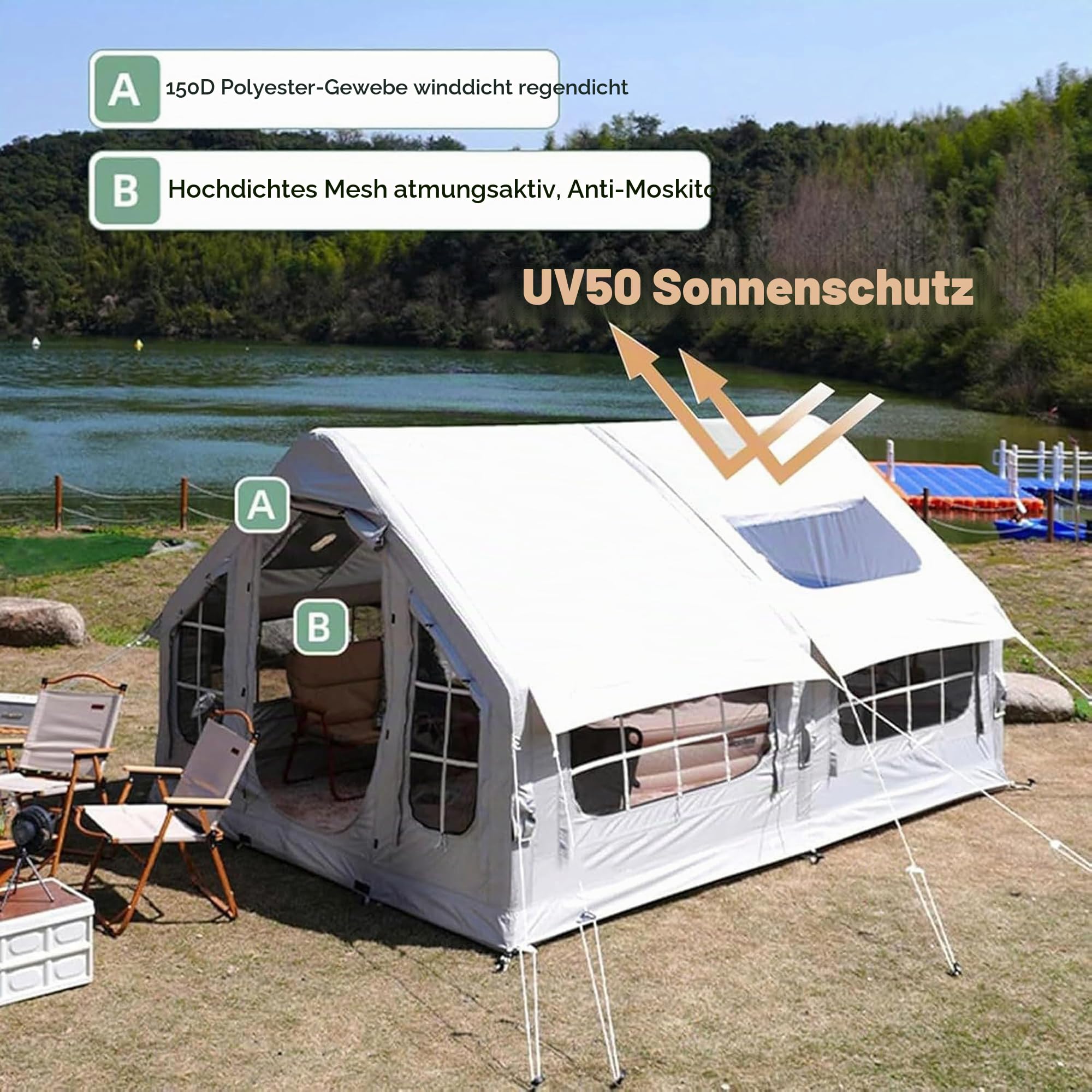 Aufblasbares Zelt, Zelt Aufblasbar mit Ofenloch & Luftpumpe, 4-Saison Luftzelt für Camping 6-8 Personen, Familienzelt Gampingzelt Glampingzelt Großes Zelte Haus Schnellaufbau