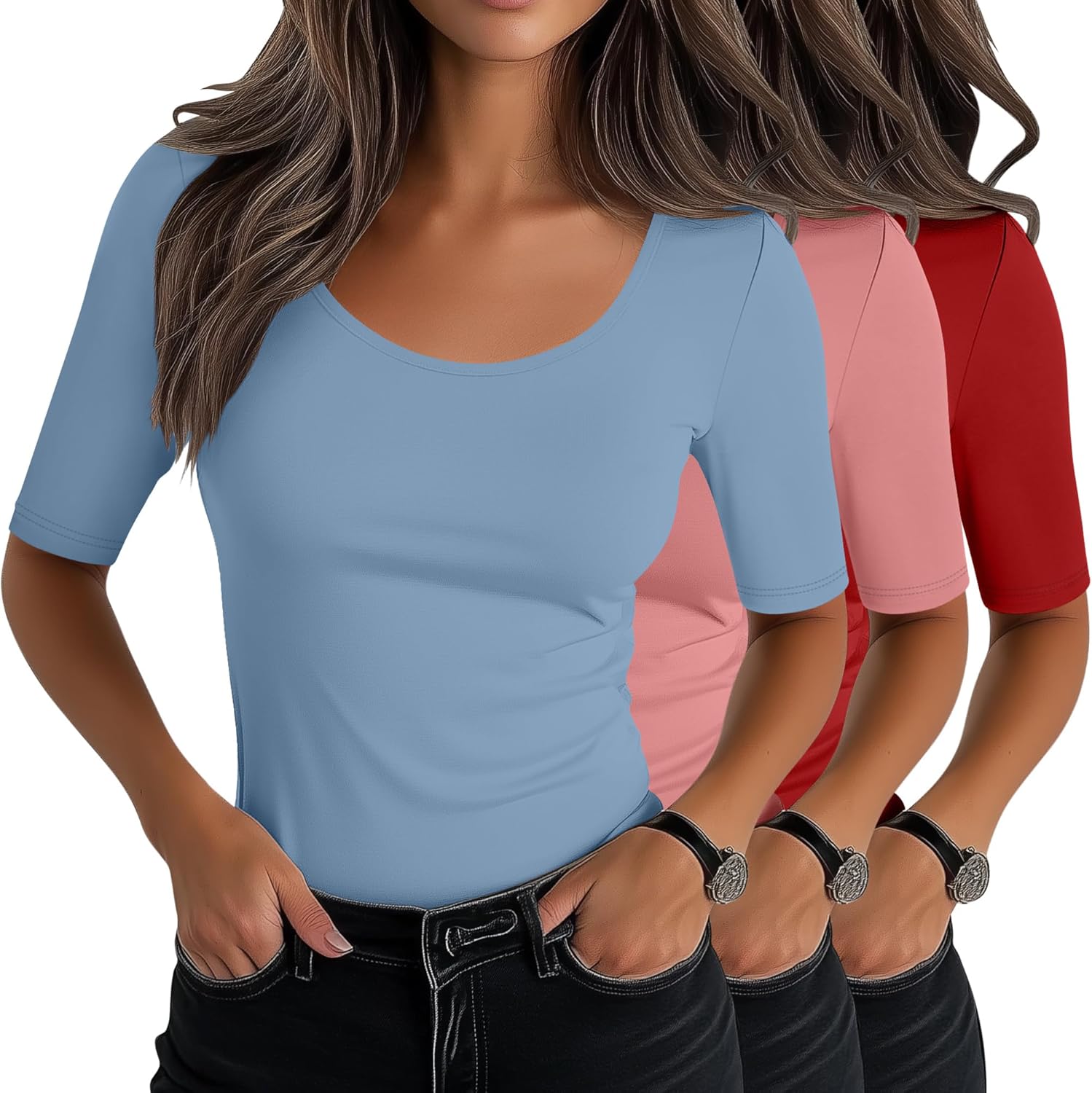 Neer 3 Pack Women's Scoop Neck Stretchy Tops Cotton Half Sleeve Slim Fitted T-Shirts Tight Casual Basic Summer Tees