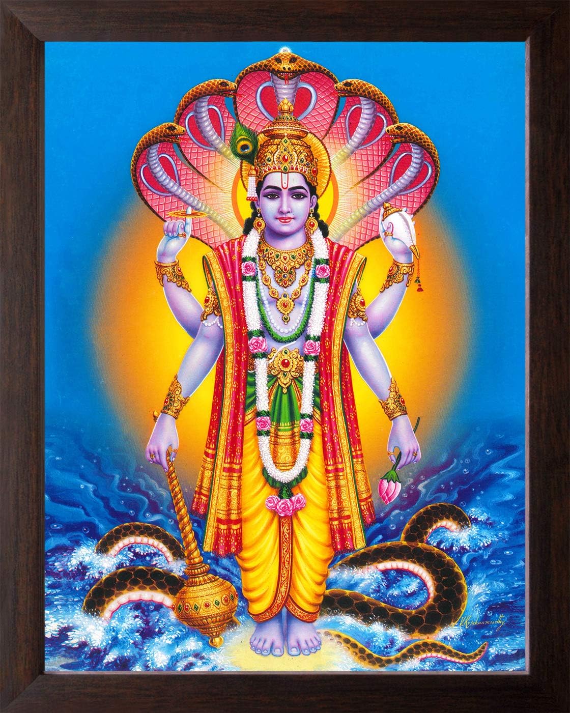 Art n Store: Lord Vishnu with Sheshnaag HD Printed Religious & Decor Painting with Frame (30 X 23.5 X 1.5 cm_ Brown Wood)