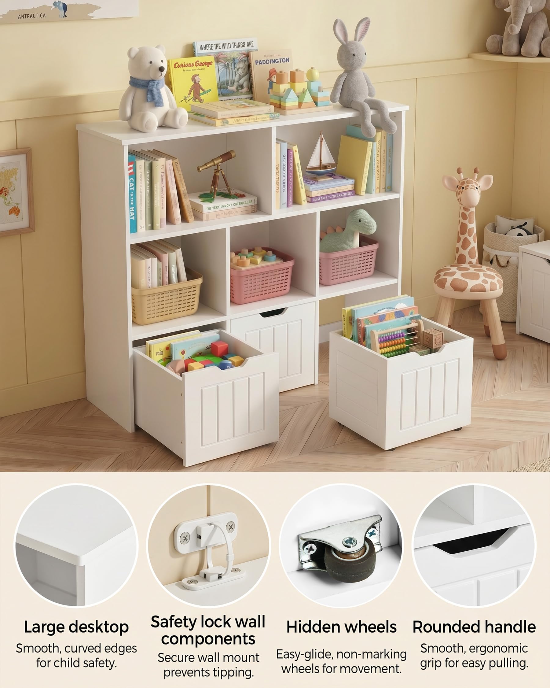 Organizador de Juguetes con Cajones, Estanteria Infantil Montessori, Mueble Almacenaje para Habitación Infantil, Librería con 5 Estantes, Estante para Niños, Blanco 100x33x89.5cm