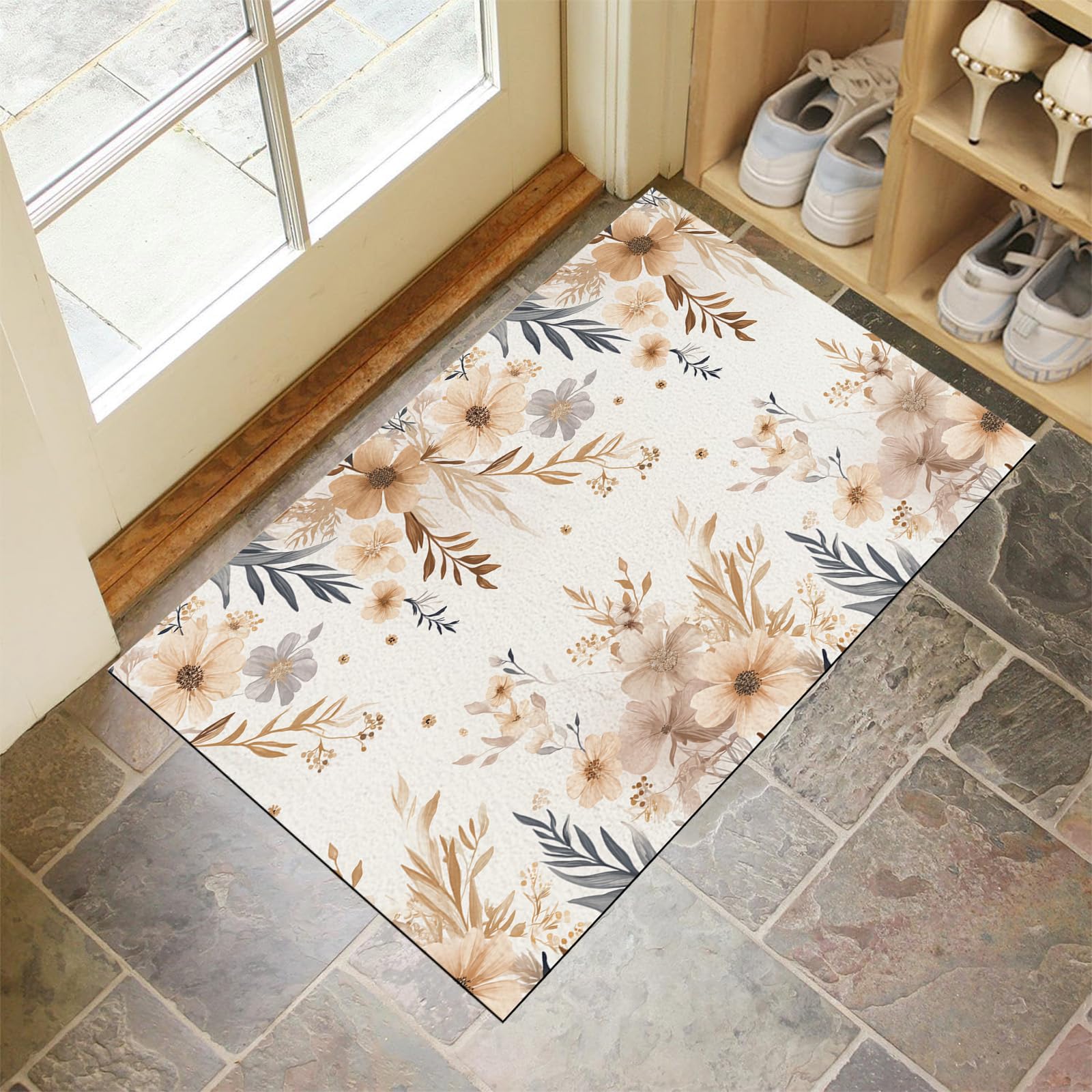 Paillasson d'entrée 80x120cm imperméable gris brun à motif de feuilles