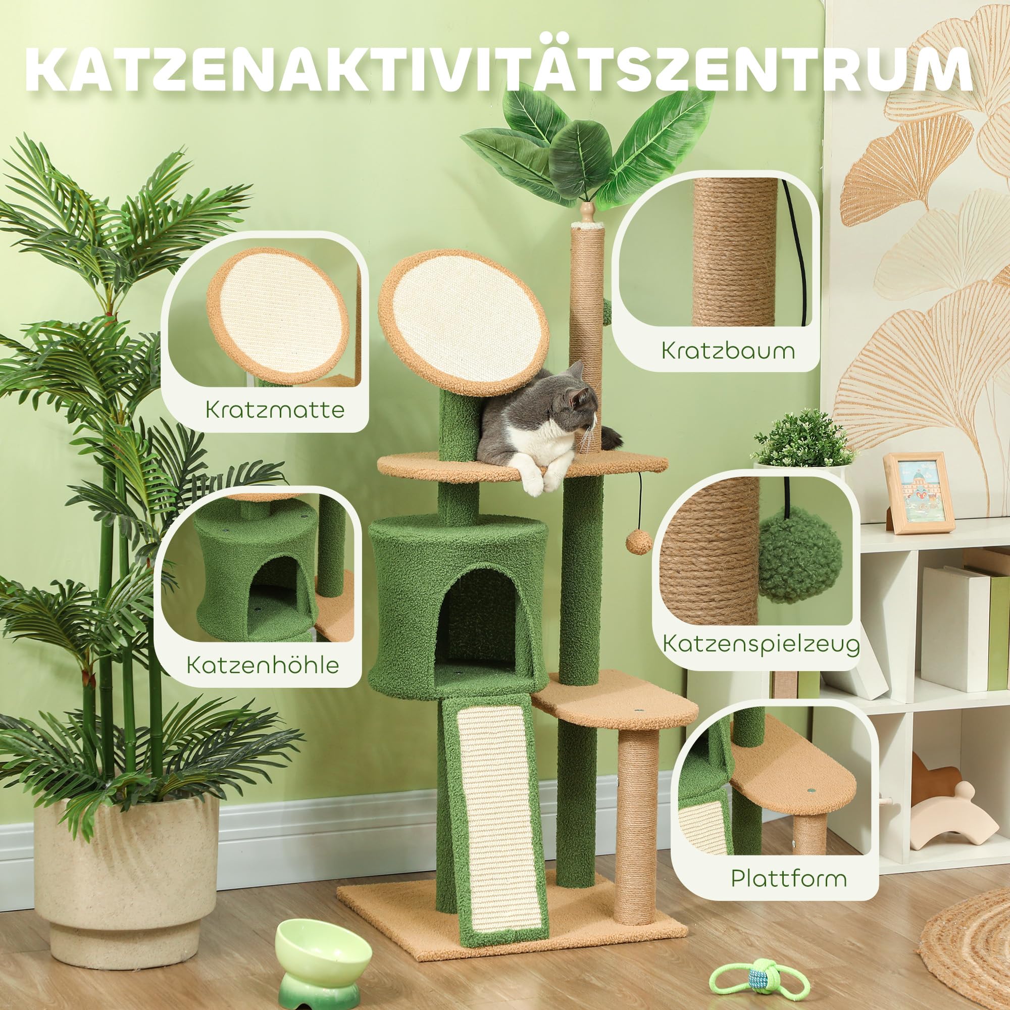 PawHut Drapak 139 cm z legowiskiem, piłką do zabawy i sizalowymi kolumnami, dla kota do 5 kg, zielony