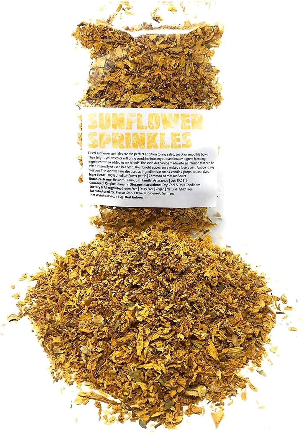 Dried Sunflower Sprinkles from Germany | Net Weight: 0.52oz / 15g | Perfect addition to any salad, snack or smoothie bowl - Sprinkles for ingredients in soaps, candles & potpourri