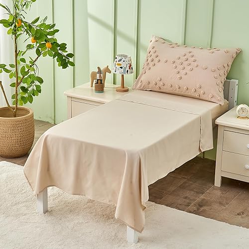 Miniatura 5 de Juego de ropa de cama bohemio de 4 piezas para niñas y niños, color beige, con pompones, juego de sábanas para cuna, juego de edredón de jacquard