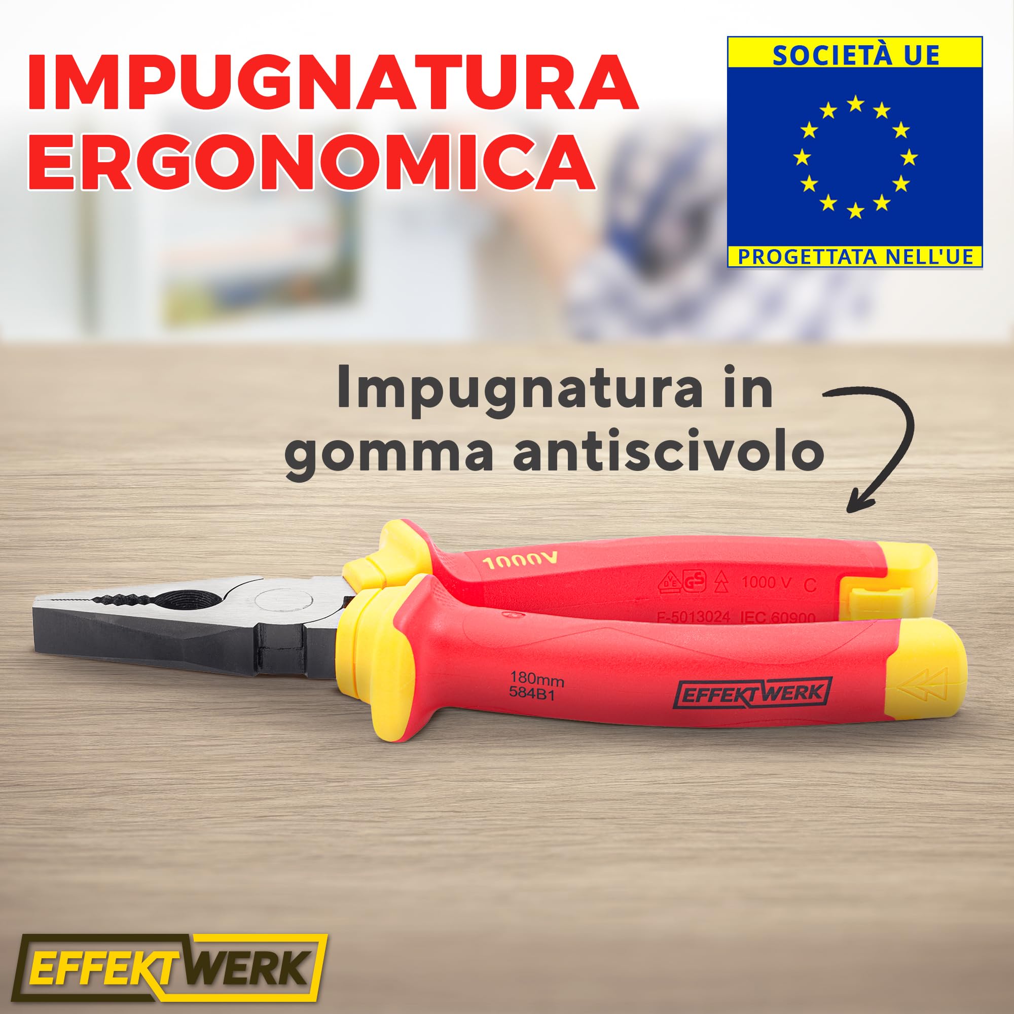 Set di pinze per elettricisti Effektwerk da 3 pezzi, isolate e testate VDE, combinate, pinze lunghe/a becchi d'ago e laterali/a taglio diagonale