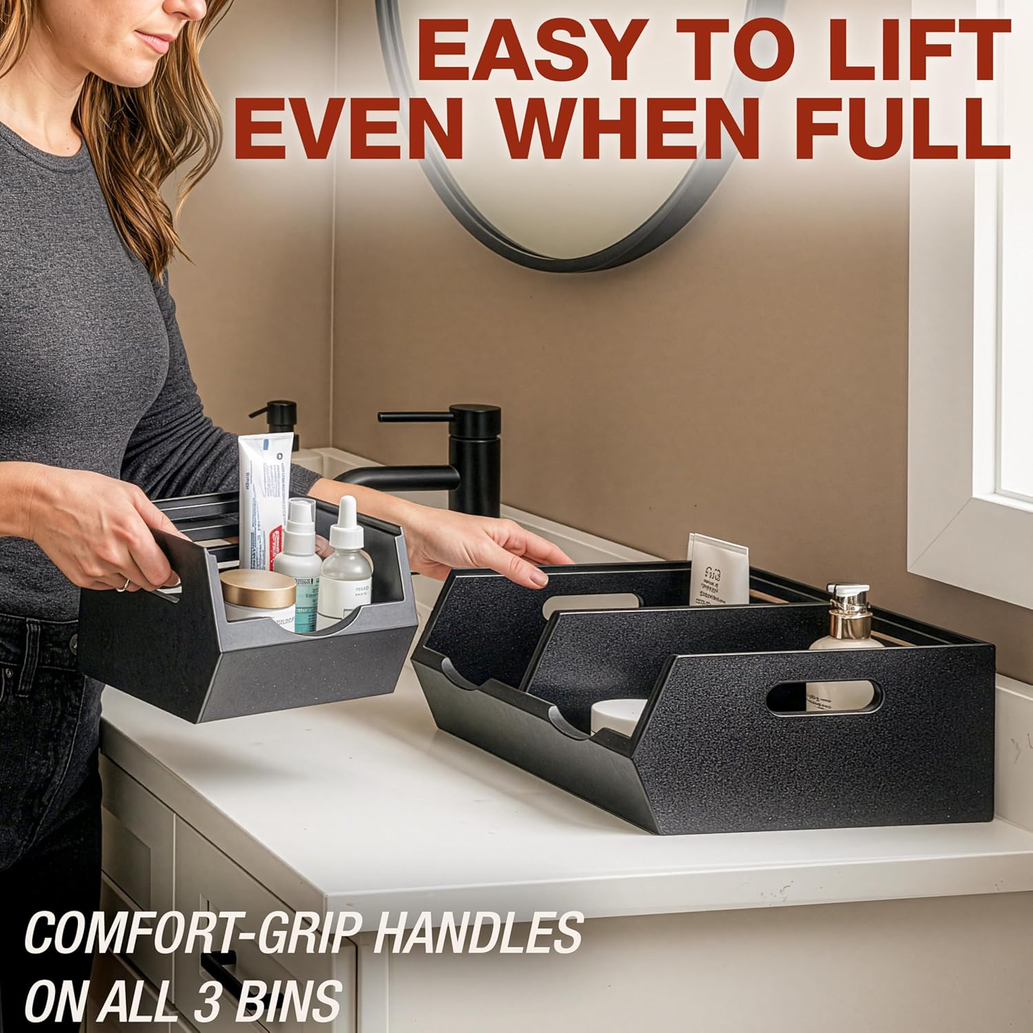 HOMESTEAD Stackable Solid Wood Storage Bins for Pantry & Countertop, Ventilated Potato and Onion Basket Organizer with Handles, Wooden Produce Storage Containers, 3 Pack, Black