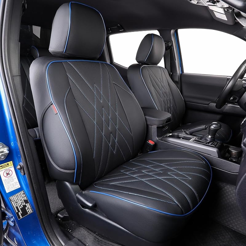 Capa de Banco Sob Medida EKR para Toyota Tacoma Double Cab/Crew Cab 2016 a 2023, Couro Sintético Preto com Detalhes Azuis, Kit Completo 4 portas