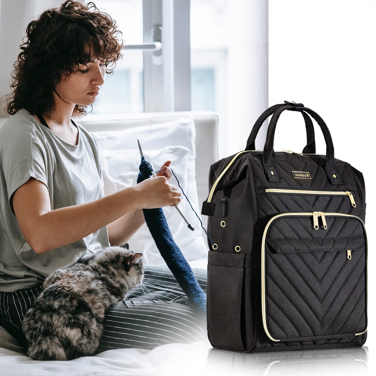 Stricktasche Rucksack, Garn Organizer mit USB-Ladeanschluss, Quilted Rucksack für Frauen, Große Reise Häkeltasche Totes für Häkelhaken, Stricknadeln, Garn Zubehör, Schwarz