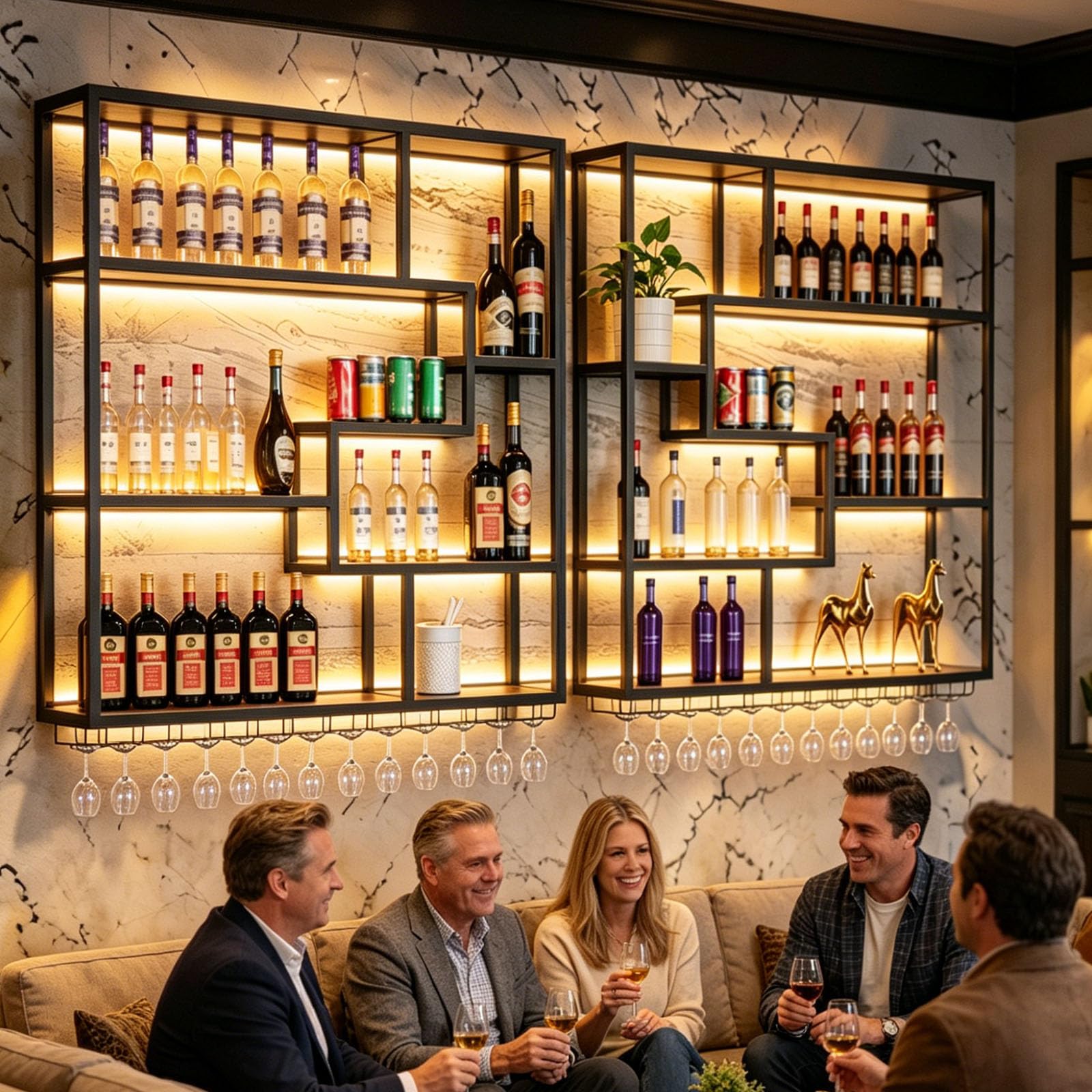 200CM Botellero Pared Vino Negro 200cm con LED y Portacopas | De hierro y madera estilo industrial. Gran capacidad, módulos combinables. Incluye tira LED. Ideal para bar, cocina y comedor