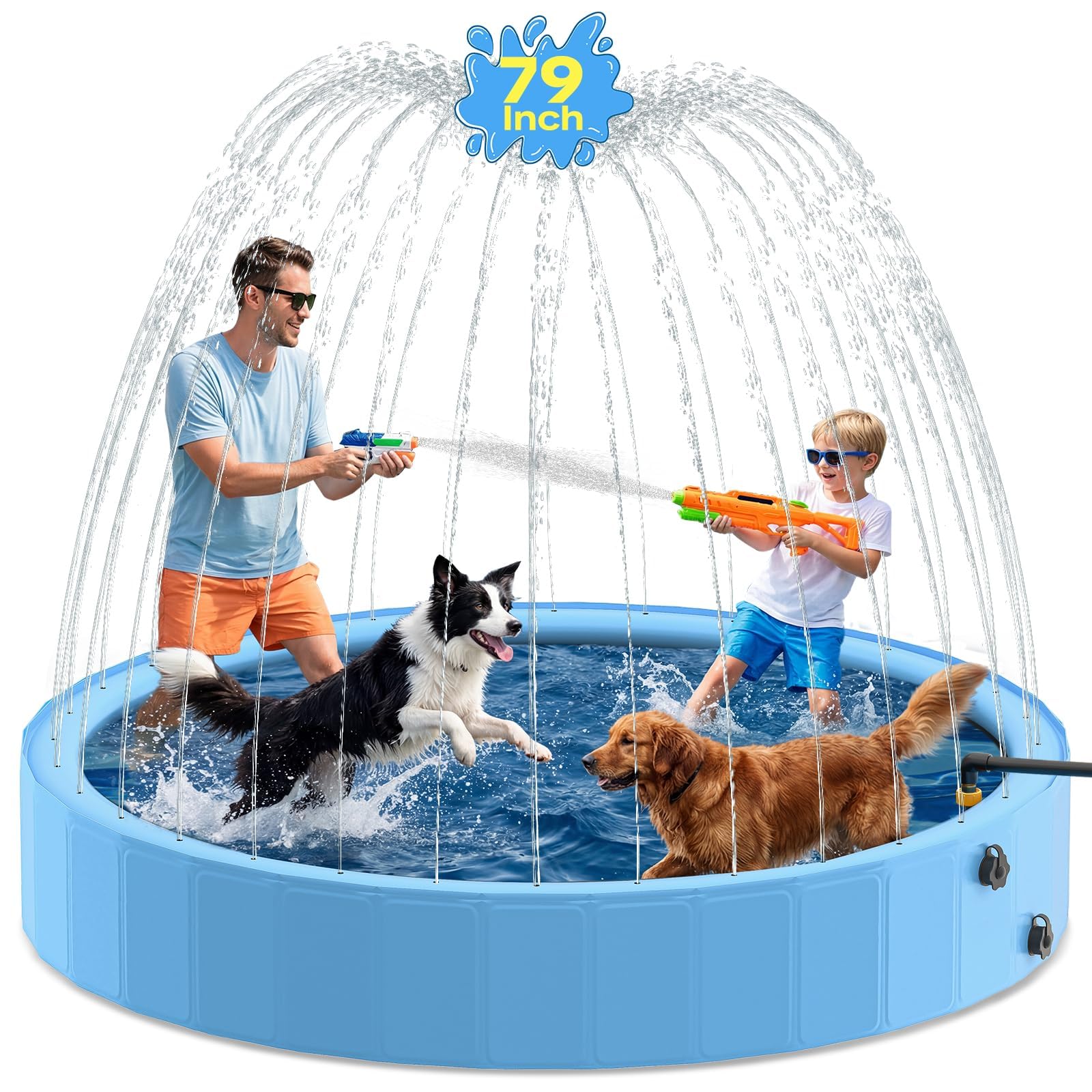 Piscine pour Chien avec arroseur, 200 cm | pliable pour grands chiens, baignoire 2 en 1 en PVC antidérapant pour jardin, bleu