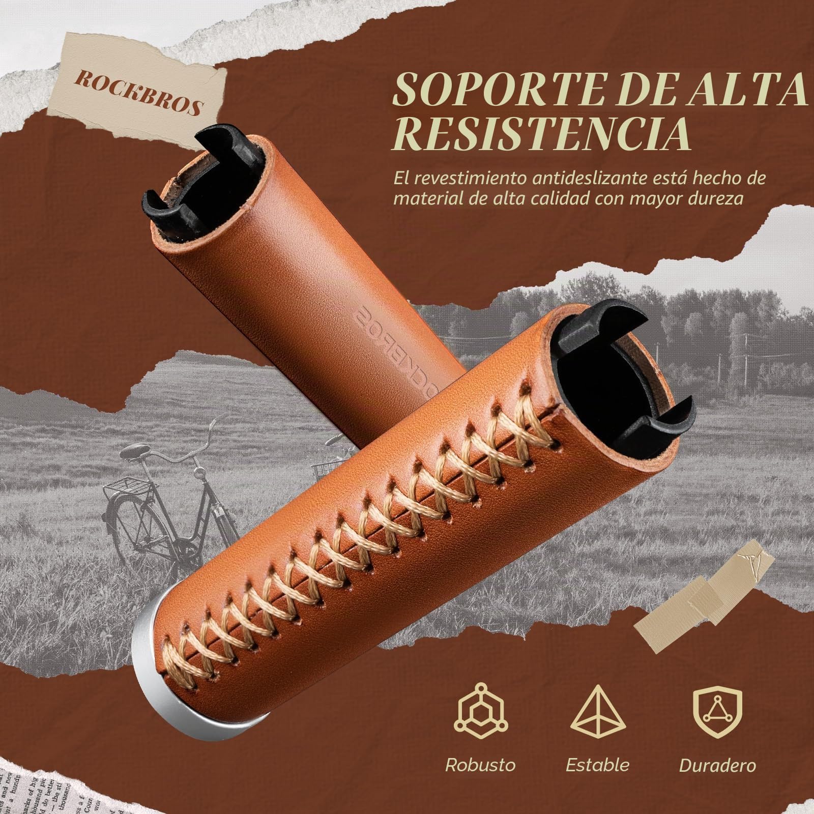 ROCKBROS Puños de Bicicleta Ergonómico, Empuñaduras de Cuero Vintage para Bicicleta Montaña y Urbana Mango de Bicicleta 22mm, Marrón