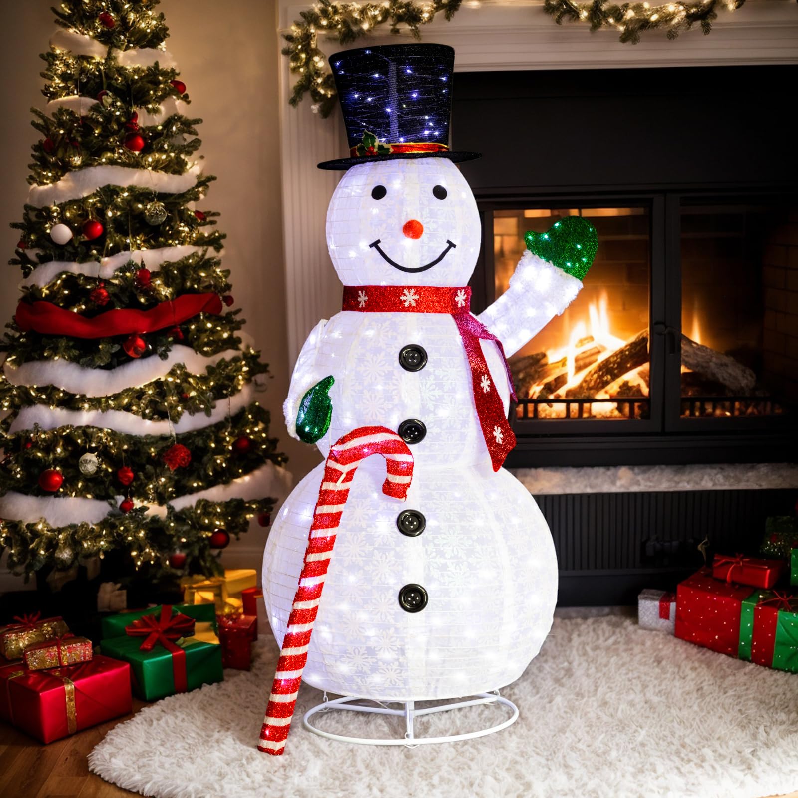 Bonnlo 5.7ft/170cm Lighted Snowman Christmas Decorations, Pre-Lit Outdoor Pull Up Snowman with 240 White LEDs & Candy Cane, Foldable Xmas Decoration for Yard Garden Patio Home Decor