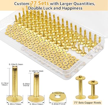 JUNESunShine 154 Pcs Brass Rivets - Smooth & Pattern-Free, Pure Copper Rivets & Burrs for Leather Work, Jeans, Jacket, Clothing, Bag, Belt, Strap, Wallets, Craft Fasteners Kit