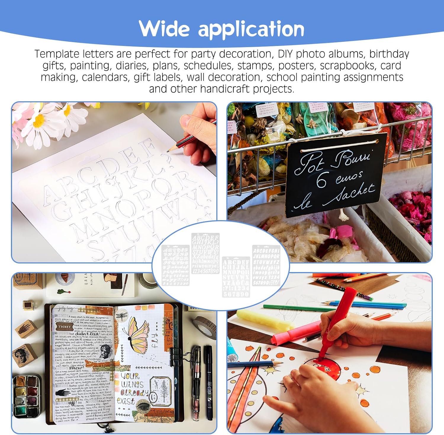 4 Pcs Letter Stencils,Stencils for Painting,Alphabet Number for Crafts Reusable Painting Scrapbook DIY Craft Journal Photo Album ScrapbookDiary