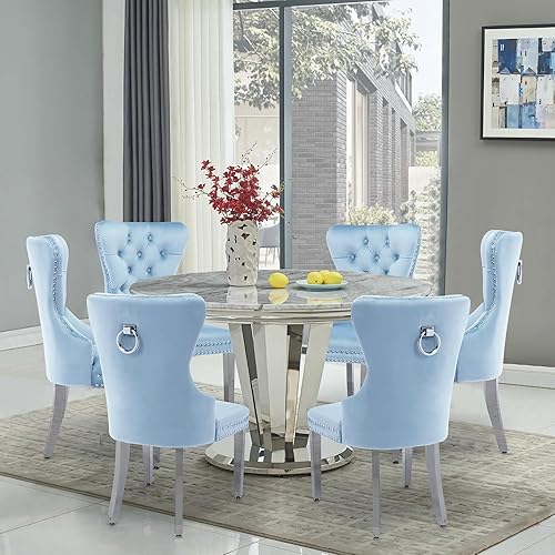 Miniatura 2 de Juego de 2 sillas de comedor de terciopelo, sillas de comedor tapizadas con patas de acero inoxidable y tirador de anillo redondo, modernas sillas