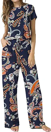 LAINAB Womens Soft Summer Jumpsuits Short Sleeve Casual Wide Legs Rompers