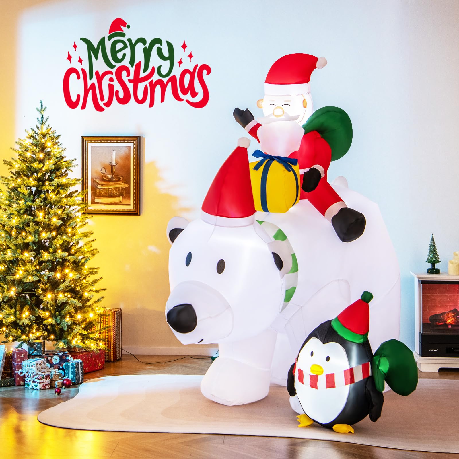 GYMAX Inflatable Natalizio di 210 CM, Orso Polare Gonfiabile con Testa Che Si Agita, Babbo Natale e Pinguino, Decorazione Natalizia Illuminata con Luci LED per Interni ed Esterni, con sacchi d'acqua