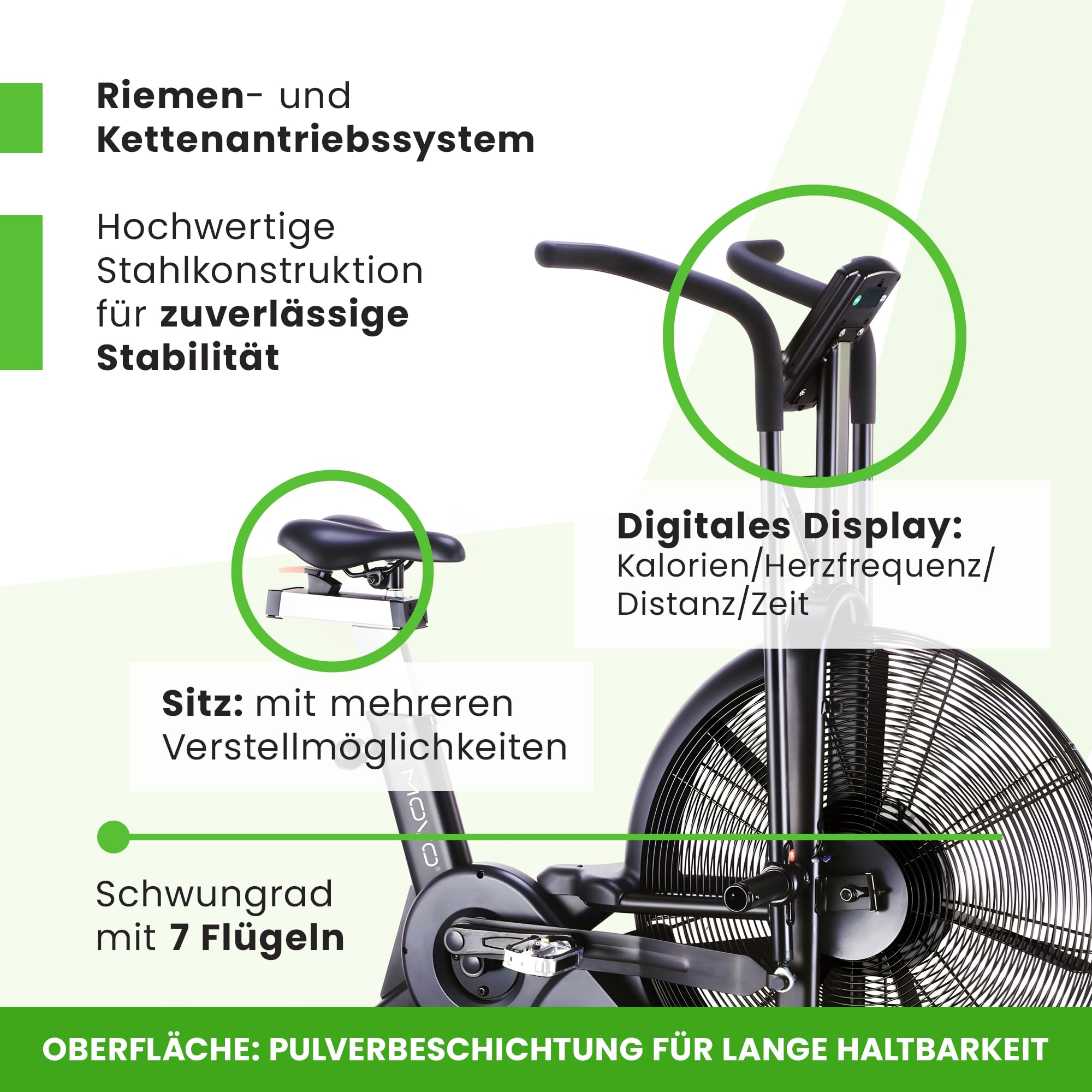 Movo AirBike Pro, Airbike do domu, jedyne w swoim rodzaju połączenie treningu górnej i dolnej części ciała, rower treningowy Airbike, koło do treningu oporu powietrza