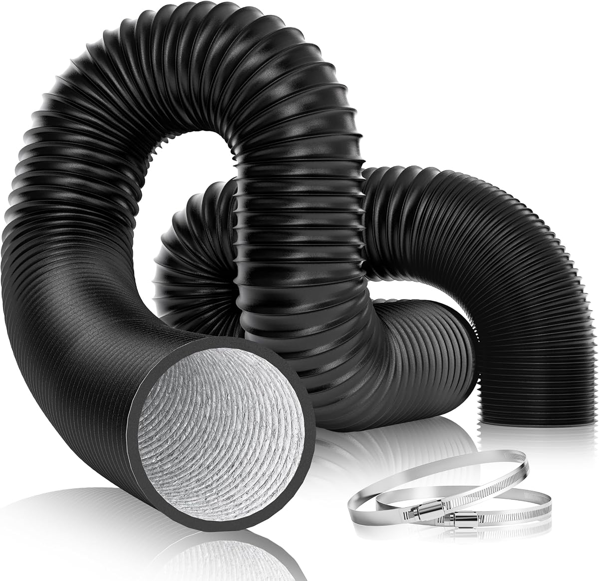 Conducto de aluminio flexible VIVOSUN de 4 pulgadas y 25 pies con 2 abrazaderas, negro | Conducto de aluminio de alta temperatura, longitud y forma ajustables para un fácil montaje, compatible con secadores y ventiladores de conducto en línea