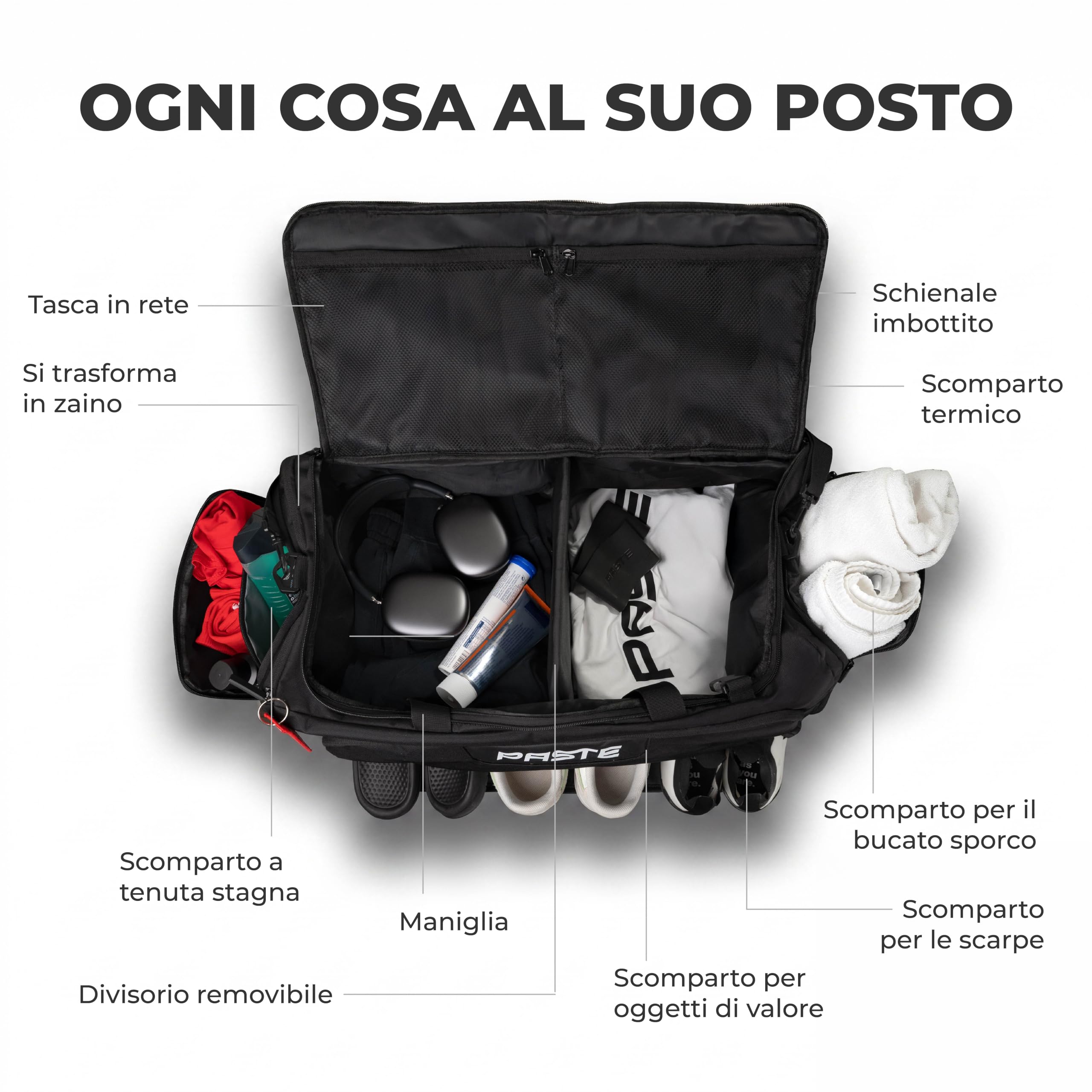 PASTE® - Borsone Palestra 68L Uomo Donna con Funzione Zaino da Viaggio – Scomparto Scarpe, Scomparto Termico & Tasca Umido – Fitness, Crossfit, Calcio, Nuoto – Sacca Sportiva & Gym Bag