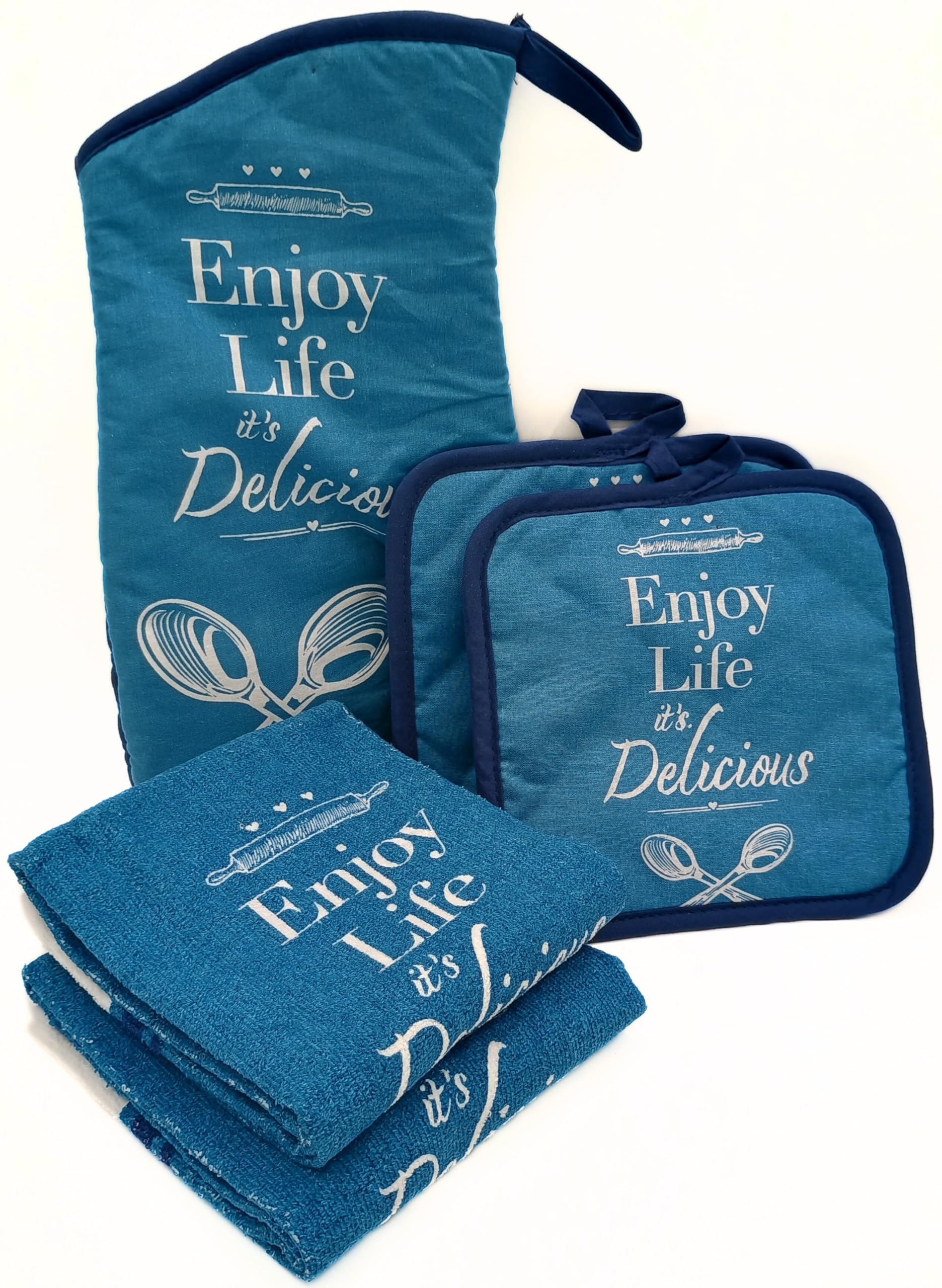 Sg6 Light Weight Kitchen Linen Set 5-Piece, Cotton Decorative Towels with Oven Mitt and Pot Holders, Enjoy Life It's Delicious Design, Blue and White