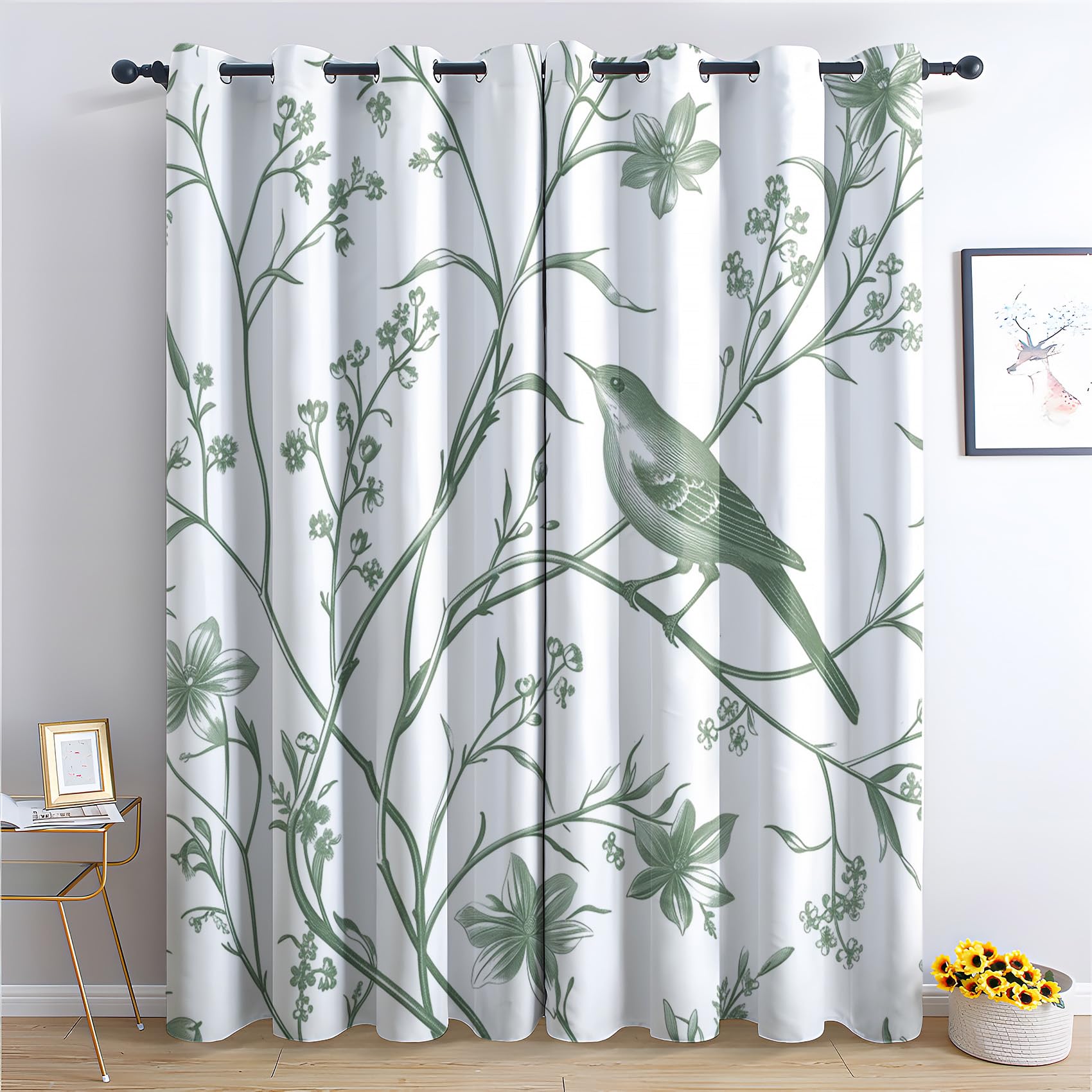 Rideau Occultant Chinoise Verte, Rideau Isolant Thermique pour Salon Chambre, Rideaux Motif Fleurs Oiseaux, Rideau Opaque à Oeillets, Lot de 2 Rideaux et Draperies Intérieur 140x220cm LxH (IQ-&181)
