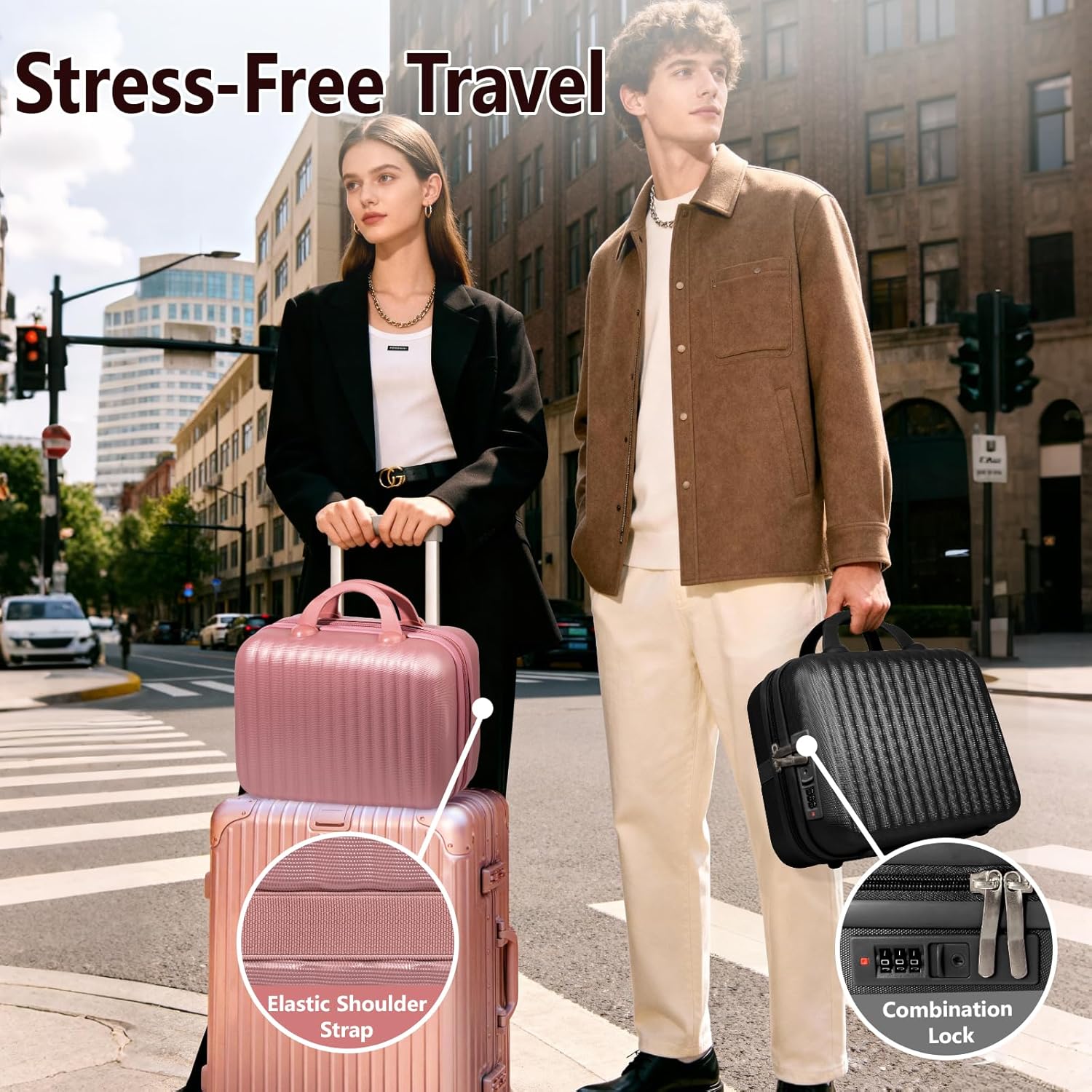 14 Inch Makeup Train Case with Lock Hard Shell Cosmetic Travel Case w Elastic Strap, ABS Portable Toiletry Bag for Toiletries Make up Storage Case Gift for Women Adult