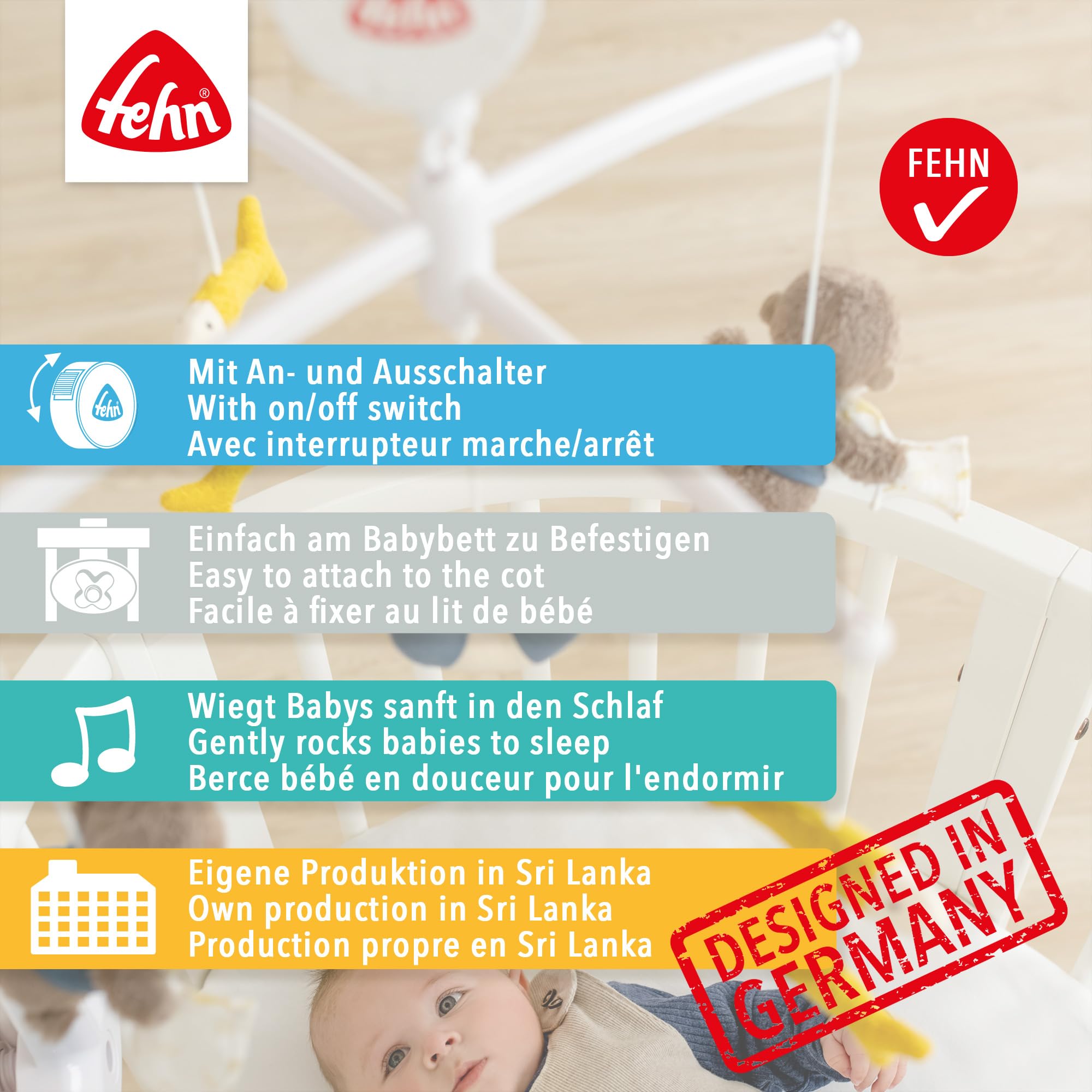 Fehn Musik Mobile Forest - Baby Einschlafhilfe Musikspielzeug mit Waldtieren - Spieluhr Melodie "Weißt du wieviel Sternlein stehen" - Musikmobile Babybett Zubehör Spielzeug für Babys von 0–5 Monaten