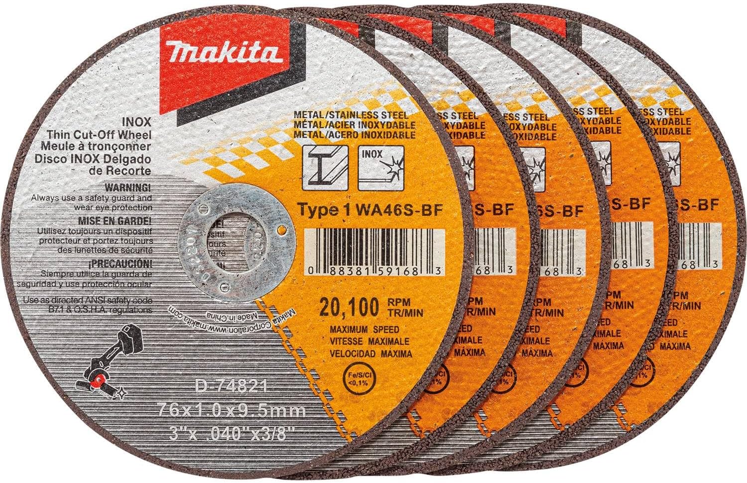 Makita 3 inches X .040 inches X 3/8 inches Type 1 General Purpose 46 Grit Thin Cutoff Wheel For Metal And Stainless Steel Cutting, 5/pk