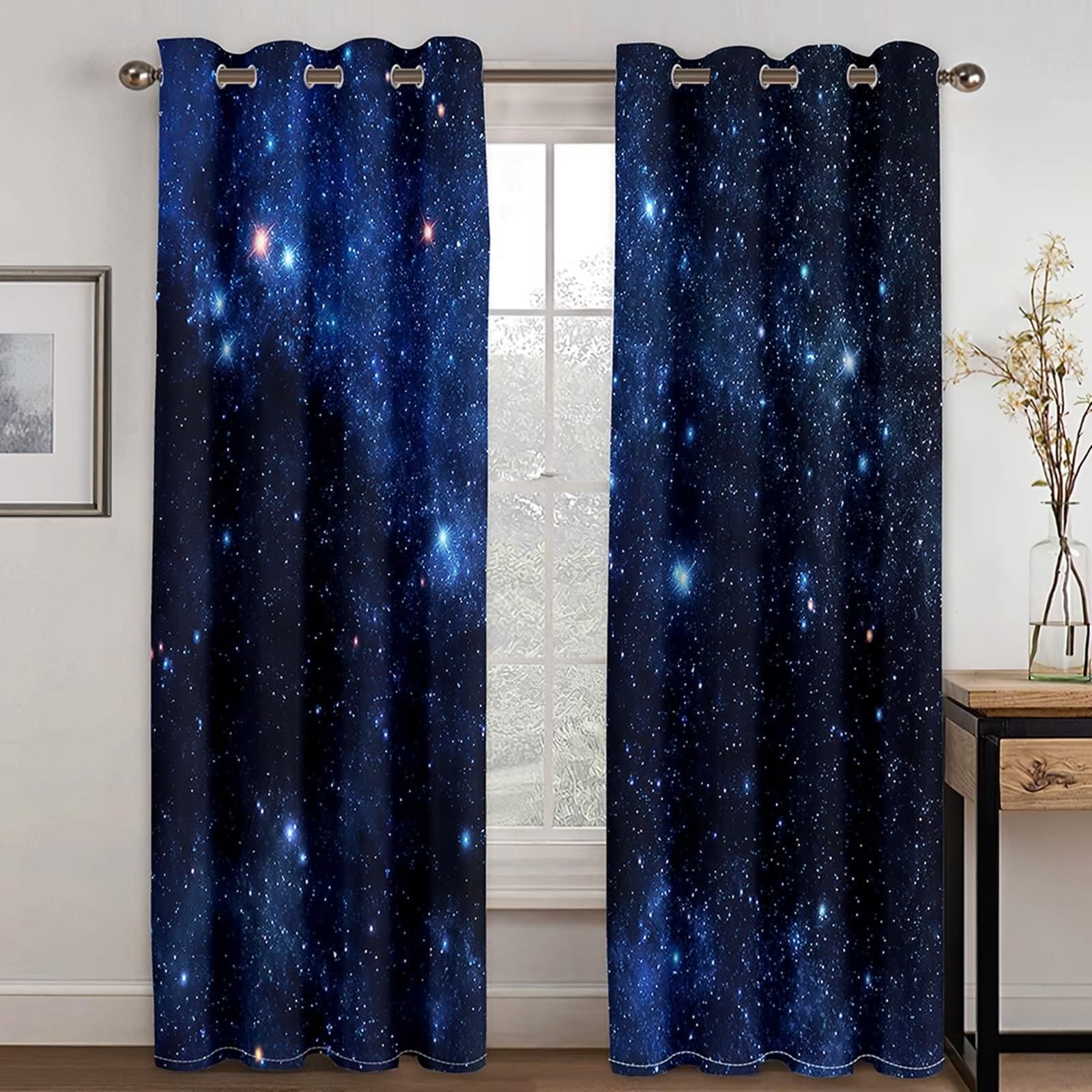 Curtains nieprzezroczyste, zasłony kuchenne w stylu boho, ciemnoniebieskie, gwiaździste niebo, poliester, zestaw 2 sztuk, 428 x 214 cm