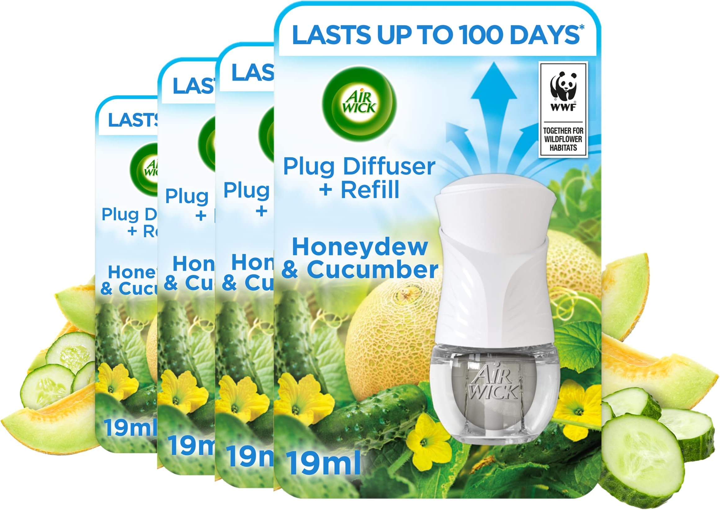 Air Wick Plug in Diffuser Kit, Honeydew & Cucumber, 4 Device & 4 Refill (19ml), Long Lasting Fragrance, Lasts up to 400 days, Plug in Air freshener